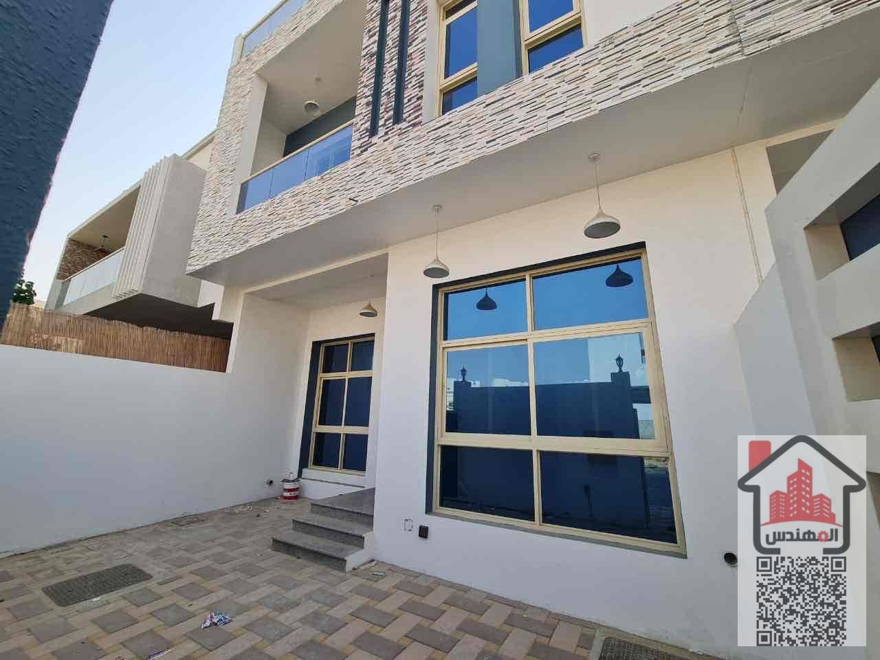 For rent in Al Zahya, two floors and a roof, 4 bedrooms, a living room, a kitchen, and a maid's room. 80,000 required for electricity.