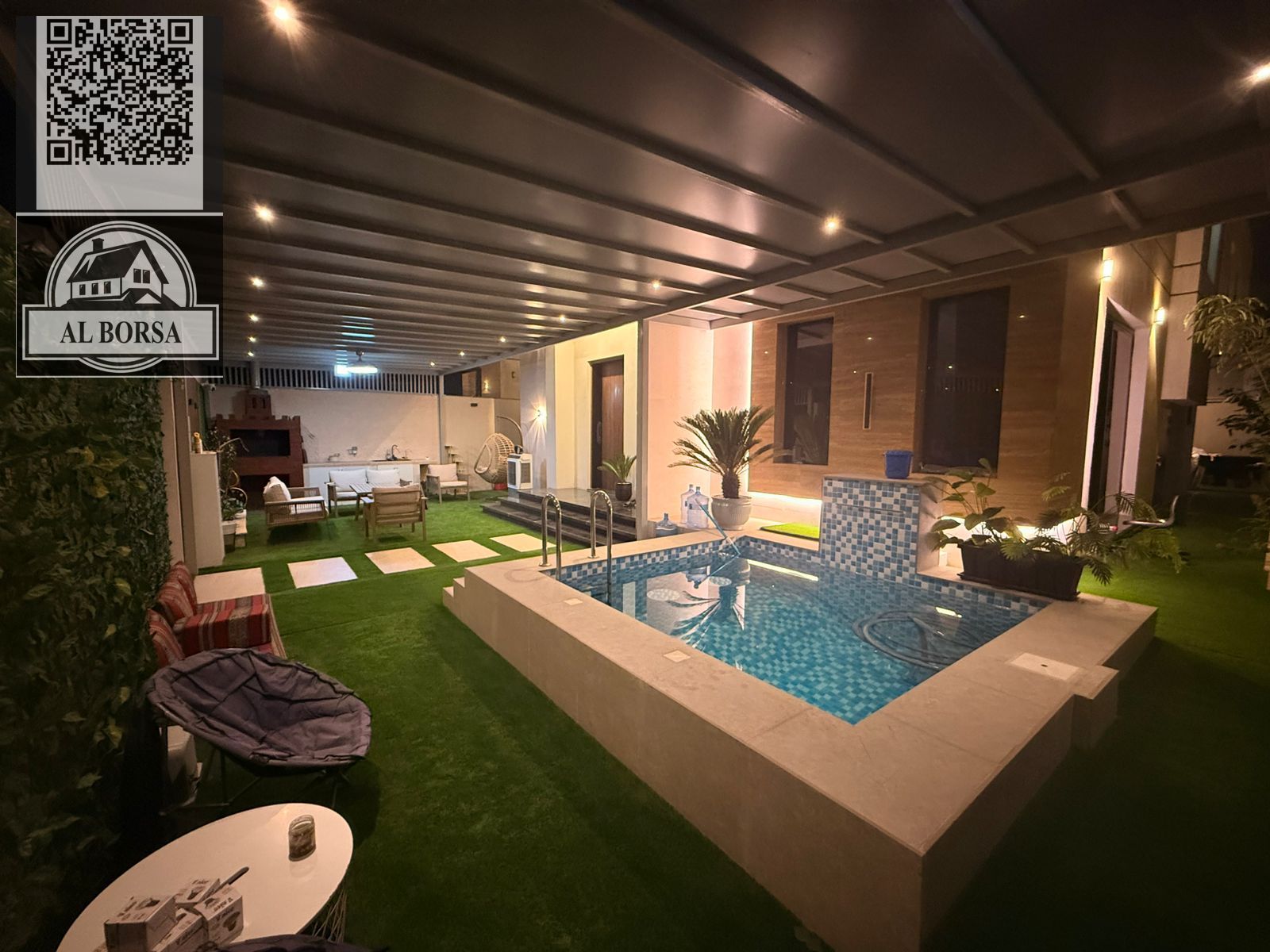 Furnished villa for rent in Al Zahia, 3 master bedrooms, living room, and swimming pool.
