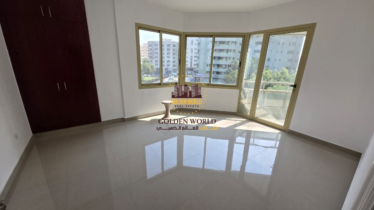 A spacious 3-bedroom apartment with a living hall in Al Majaz 2, Sharjah, featuring free AC, open view, balcony, maid’s master room, laundry room, ext
