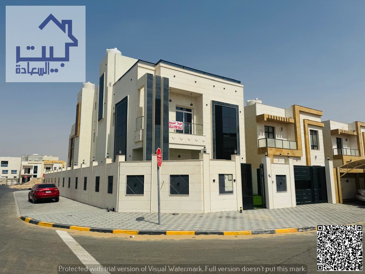 For Sale : Corner villa on two roads in upscale Al Zahia ; 2 floors + roof , spacious layout , freehold for all nationalities , 100% bank financing.
