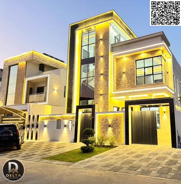 Modern villa with a roof terrace in Al Yasmin area, featuring 5 bedrooms, distinctive modern design, and high-end finishing, for sale.