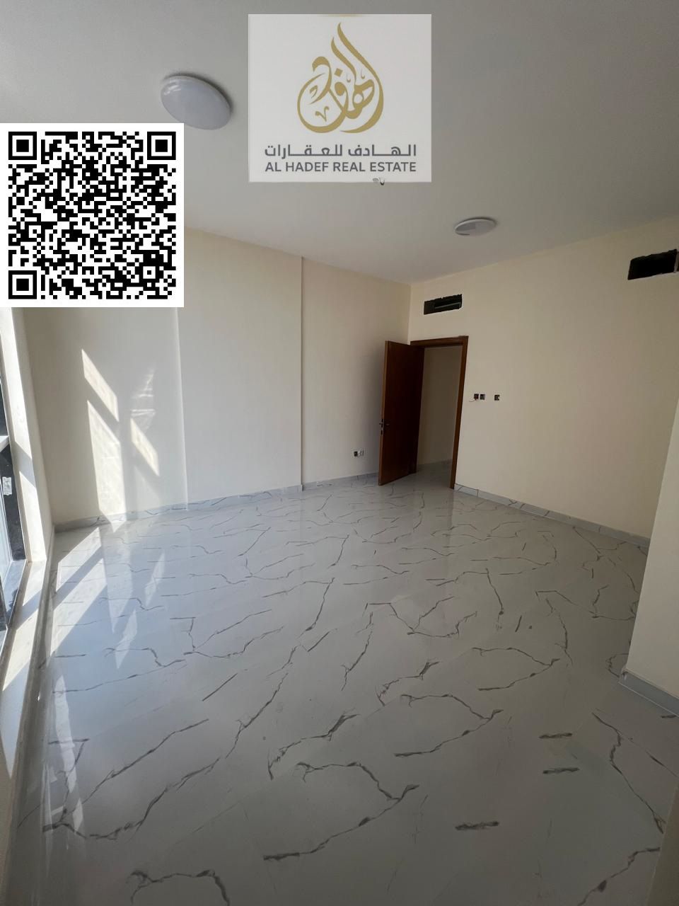 Two bedrooms, a living room, three bathrooms, and a storage room. First occupancy. Large spaces. Located in Al Jurf 3.