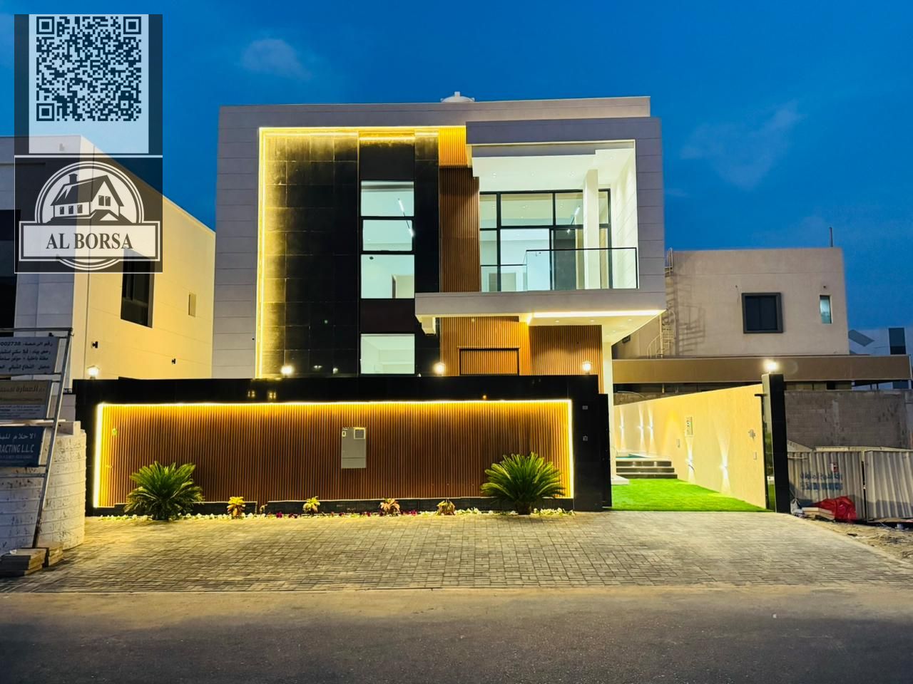 For sale in Al Bahia, a two-story villa with a rooftop terrace, a swimming pool, 4 master bedrooms, a majlis, 2 living rooms, and a maid's room.