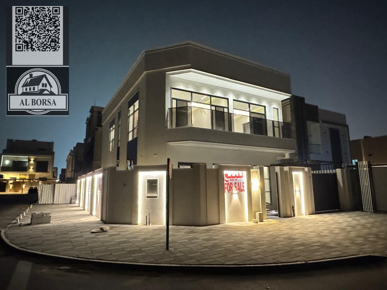 For sale in Al Bahia, Ajman: Corner villa with 5 master bedrooms, a majlis, a living room, a kitchen, and a maid's room.