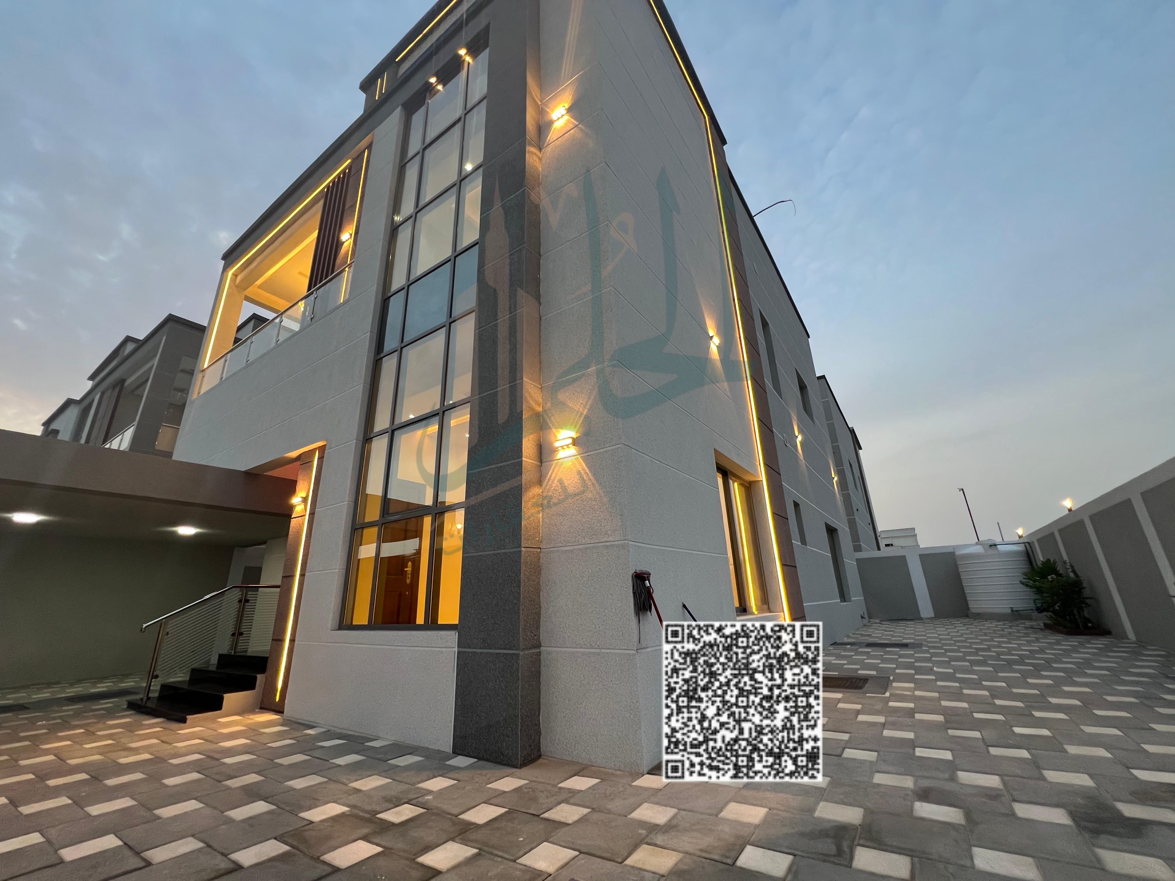 A luxurious villa for annual rent in the Al Helio 2 area of Ajman It is a corner unit and first occupancy, featuring a modern design with high-quality