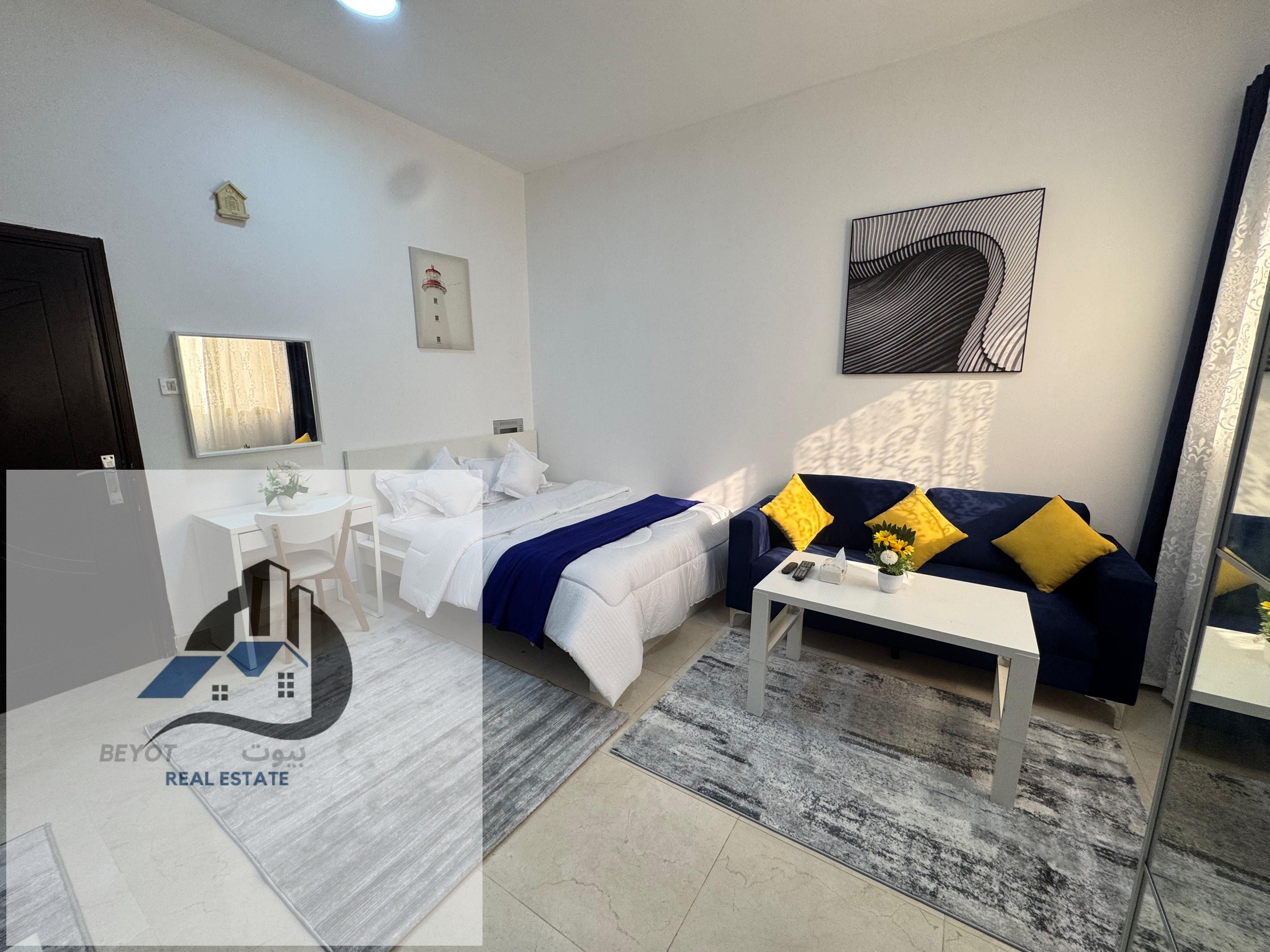 Furnished Studio for Monthly Rent in Ajman – Al Mowaihat 2 Location: The studio is located in Al Mowaihat 2, a quiet and convenient area close to al