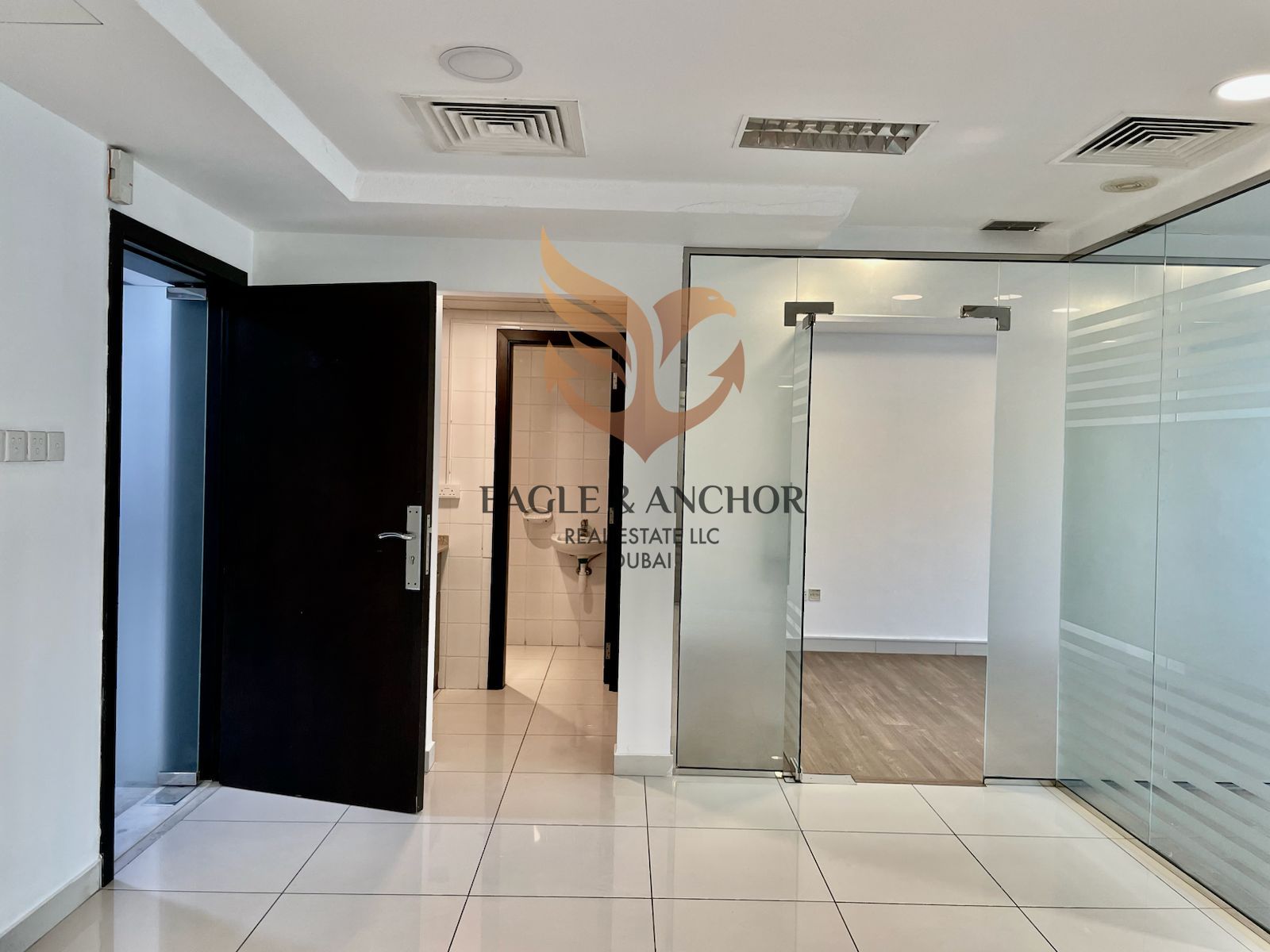 Fitted office 3 glass partition chiller free with attached toilet and pantry.
