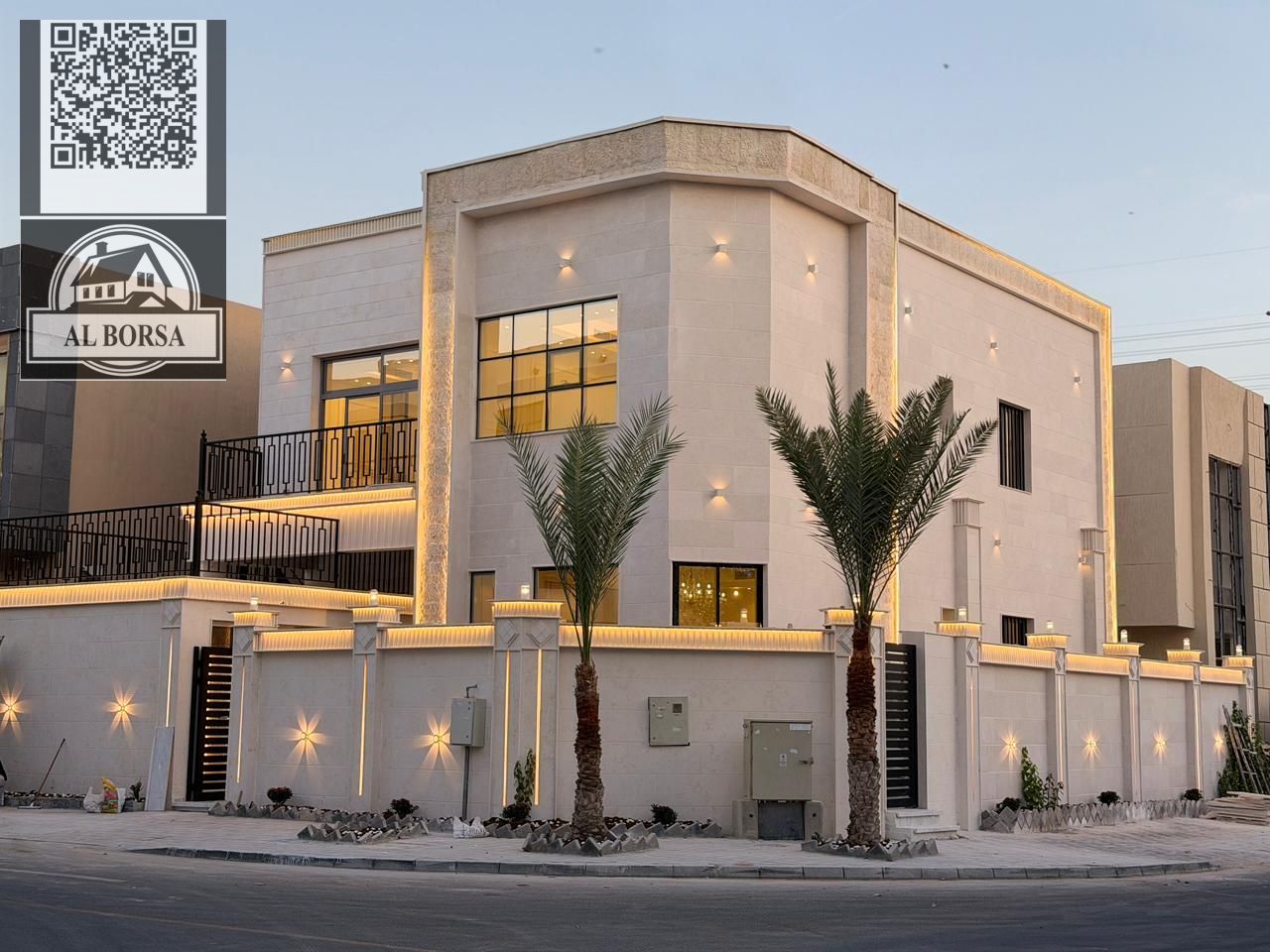 For sale in Al Yasmin area: a two-story corner villa with a roof terrace, garden, 5 master bedrooms, living room, and majlis.