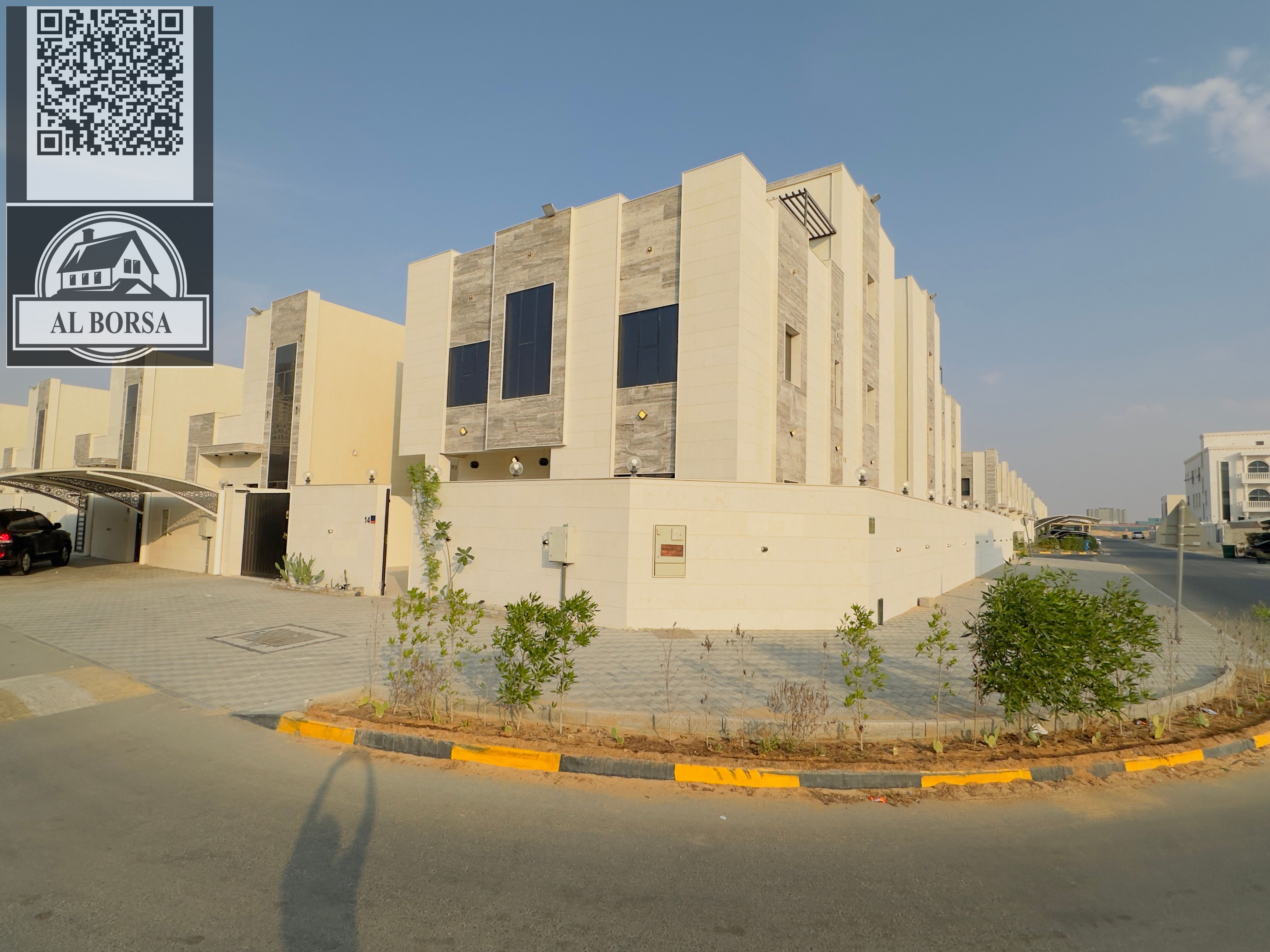 Corner villa for rent in Al Amrah area, Ajman, consisting of 6 master bedrooms, a majlis, a living room, and a maid's room.