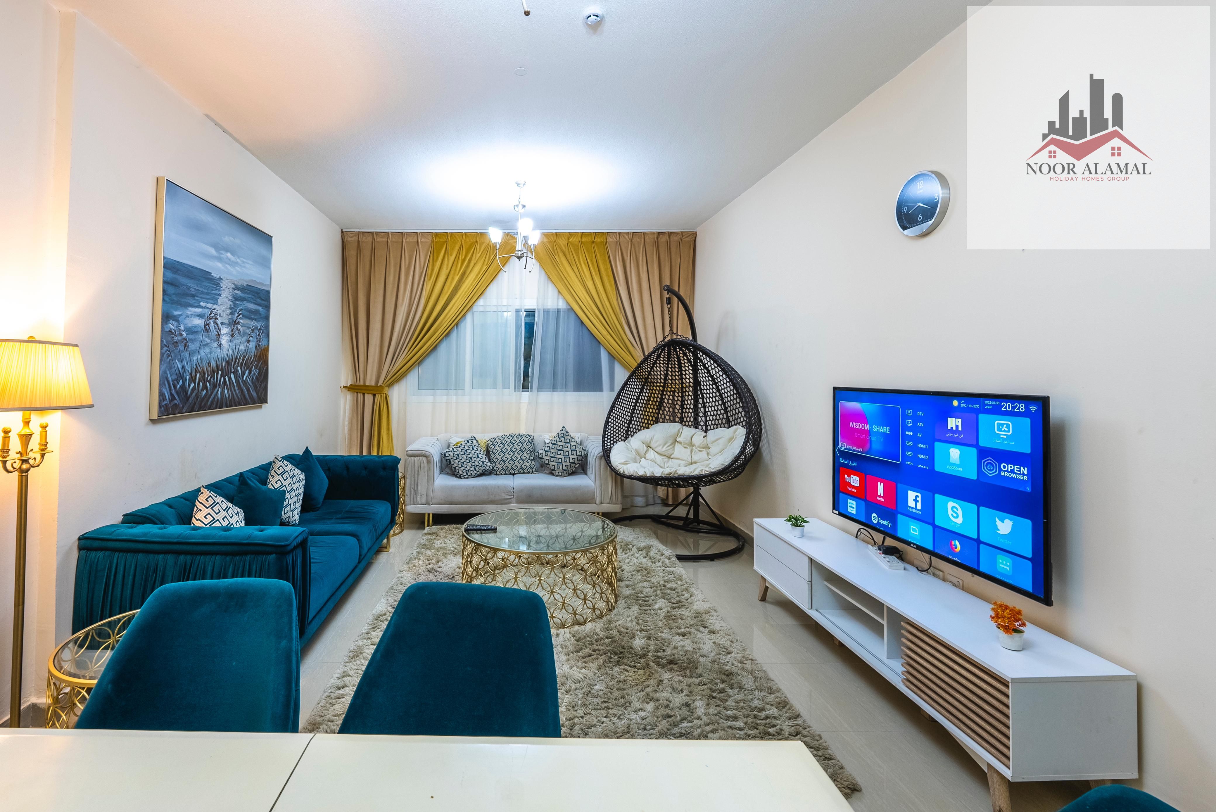 Sharjah - altaawun - Super Deluxe apartment with two bedrooms, a large living room, a fully equipped kitchen, and two bathrooms