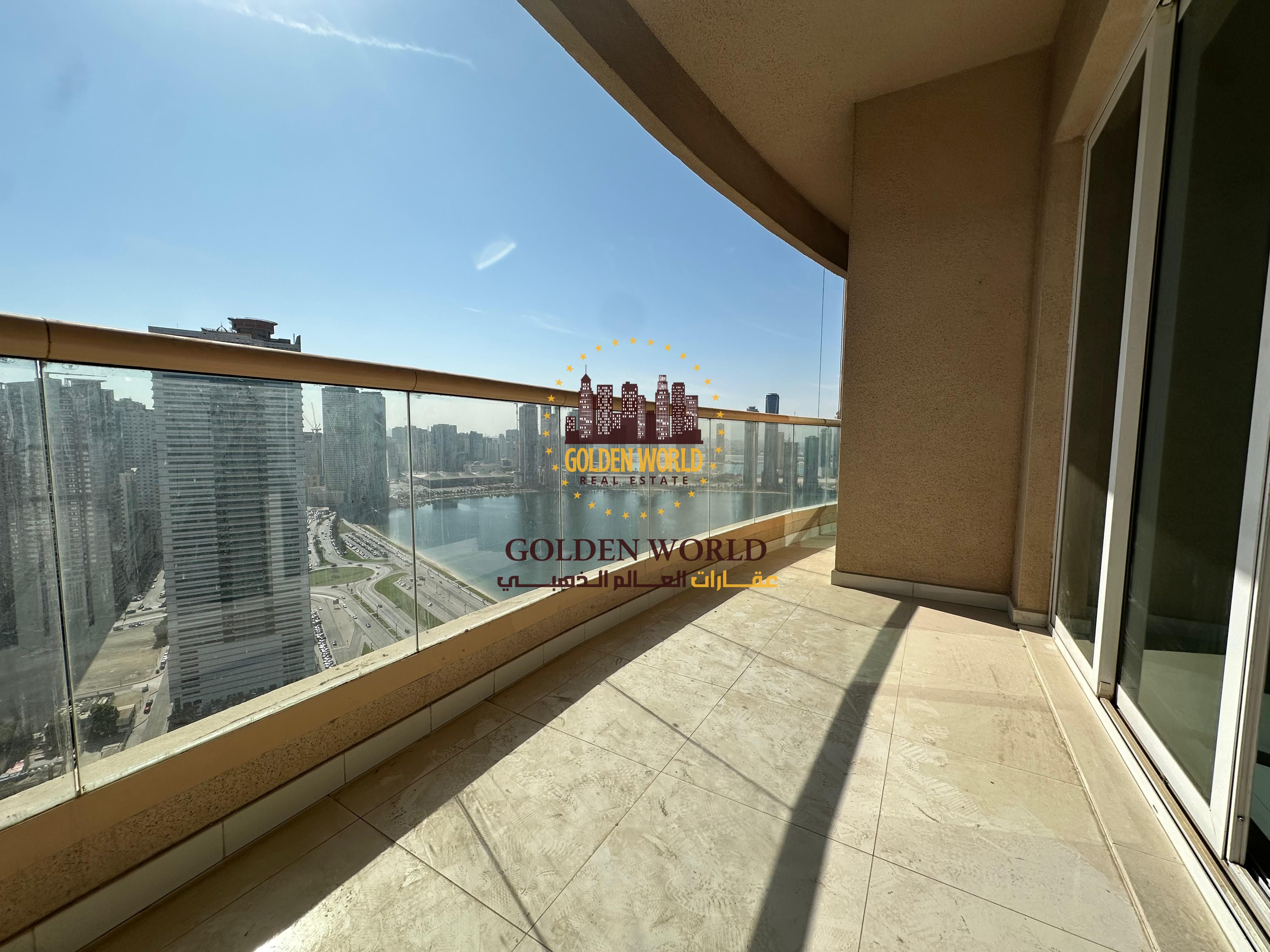 2-master-bedroom apartment in Al Khan with balcony, free AC, parking, storage room, 3 baths, Qasba view, gym, pool, free maintenance, and security.