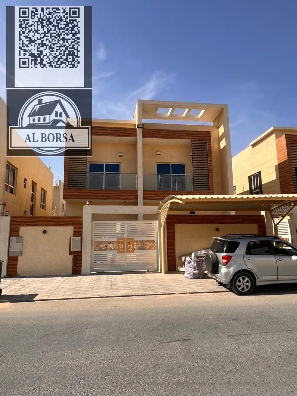 Villa for rent consisting of five master bedrooms, a majlis (formal sitting room), a living room, a maid's room, a main kitchen, a preparation kitchen