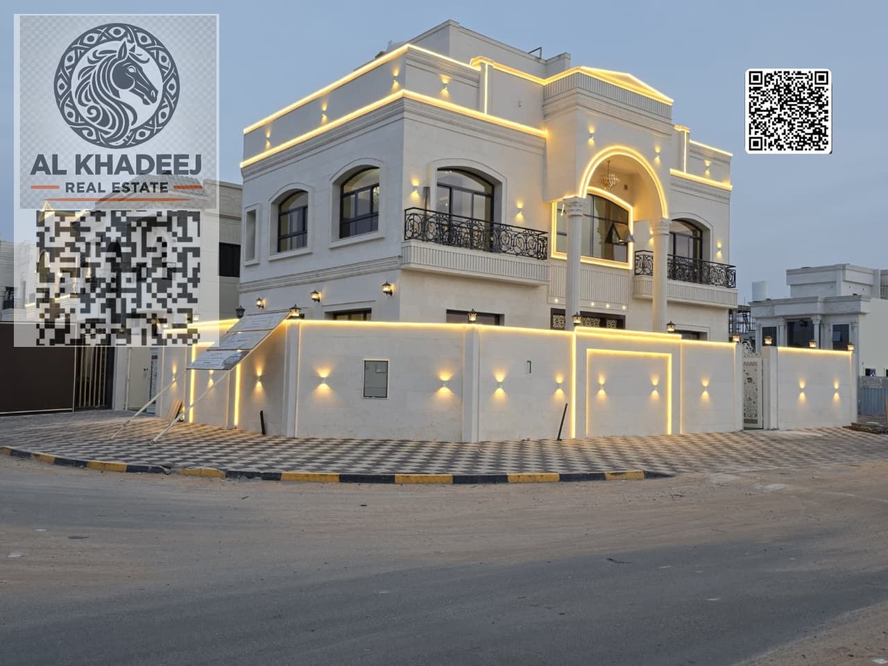 An elegant villa with a sophisticated classic design, in an exceptional location on the corner of two streets in Al Helio 2 next to Mohammed Bin Zayed