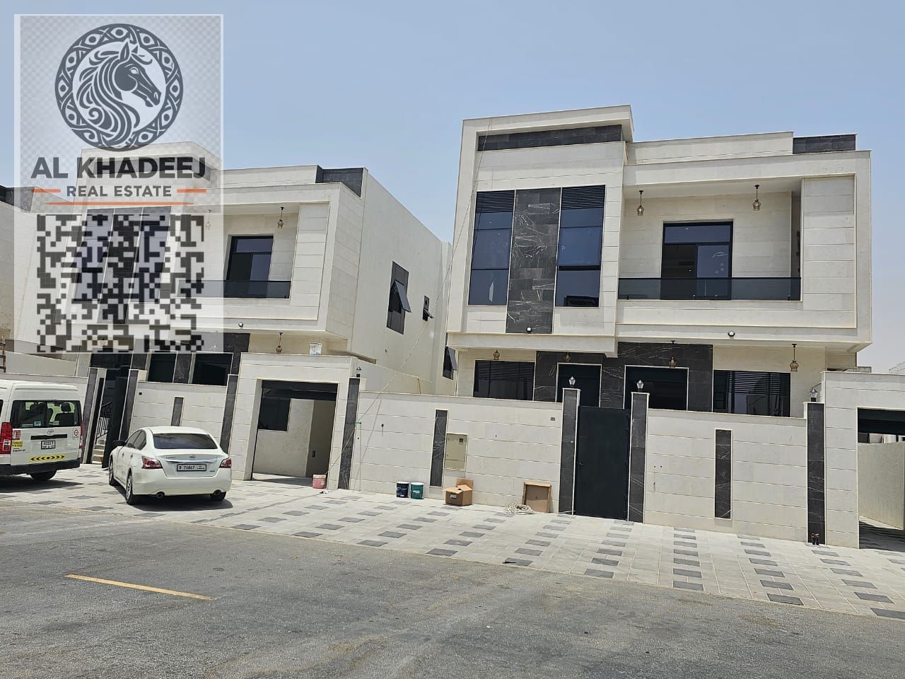 Two adjacent villas for sale in Al Bahia – first occupancy. Each villa offers 3,498 sq ft built-up area, 5 master bedrooms with dressing rooms, majlis
