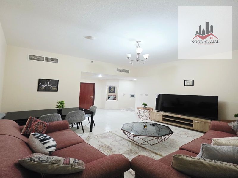 Sharjah, Al Qasimia, fully furnished super deluxe apartment, first occupancy, two bedrooms, living room, kitchen, and two bathrooms