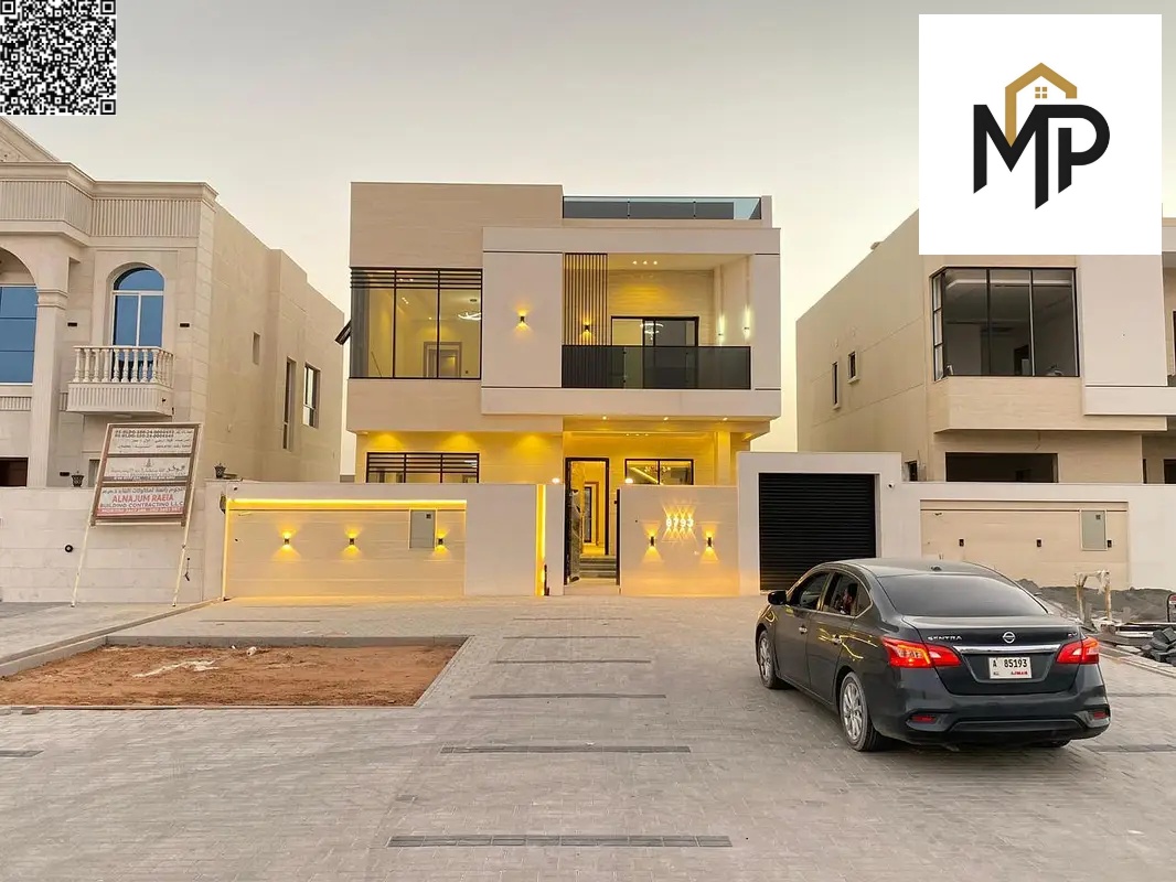 A villa in a prime location near Azha Complex, featuring two floors and a rooftop terrace, five bedrooms, a 15-meter outdoor setback, and super deluxe