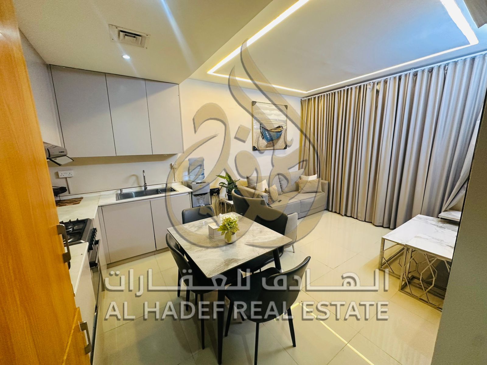 For annual rent in Sharjah, Al Majaz 2 area: a 3-bedroom apartment with a living room, central air conditioning, hotel-style furnishings, and a balcon