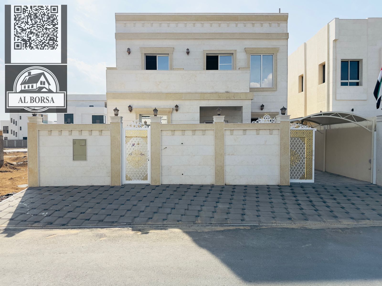Two-story villa with 4 master bedrooms, prime location off Sheikh Mohammed Bin Zayed Road, freehold ownership for all nationalities.