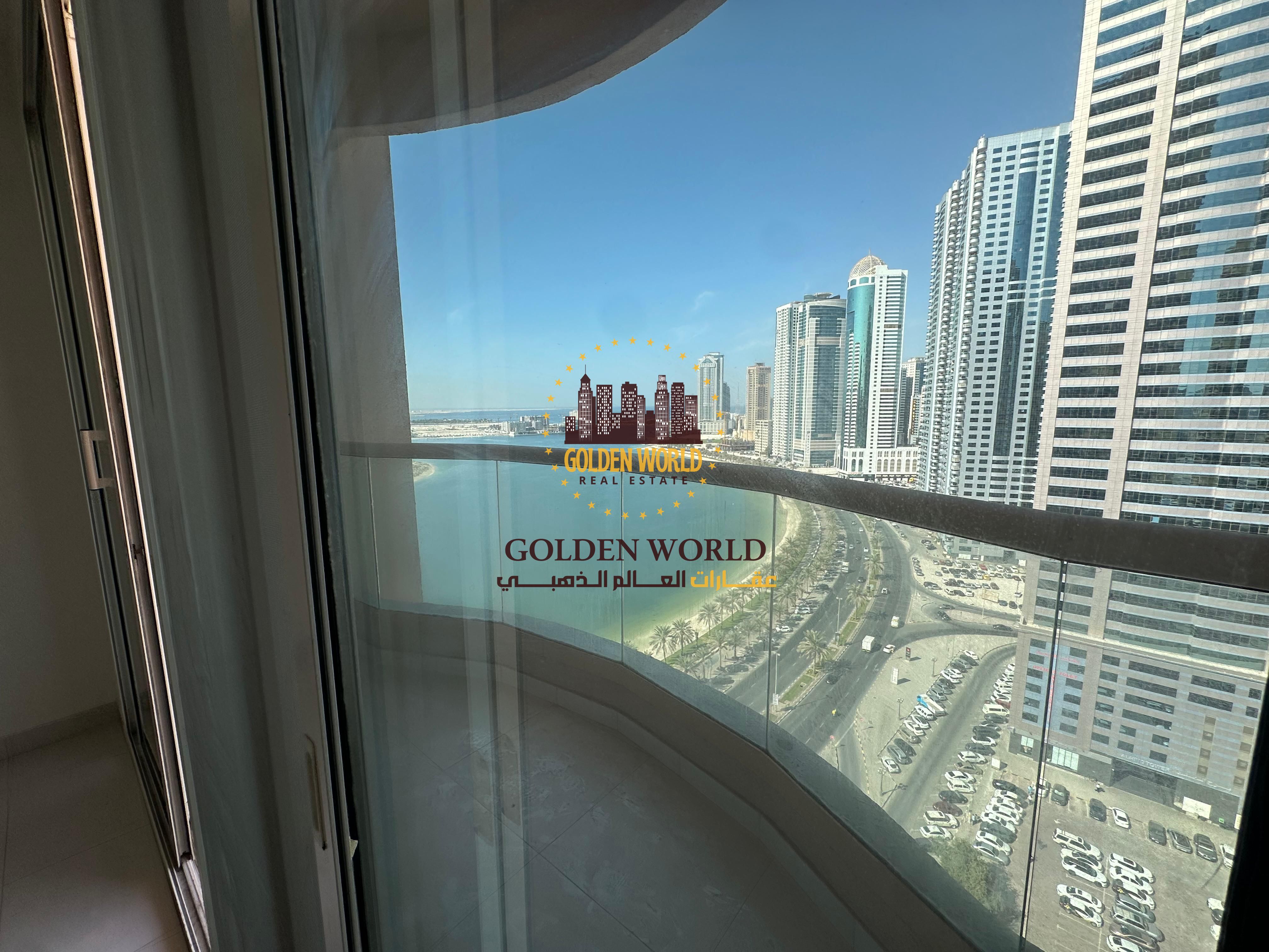 2 Master Bedrooms + Living Room for rent in Al Khan, Sharjah. Balcony, free AC, parking, gym & pool, Qasba view, great layout.