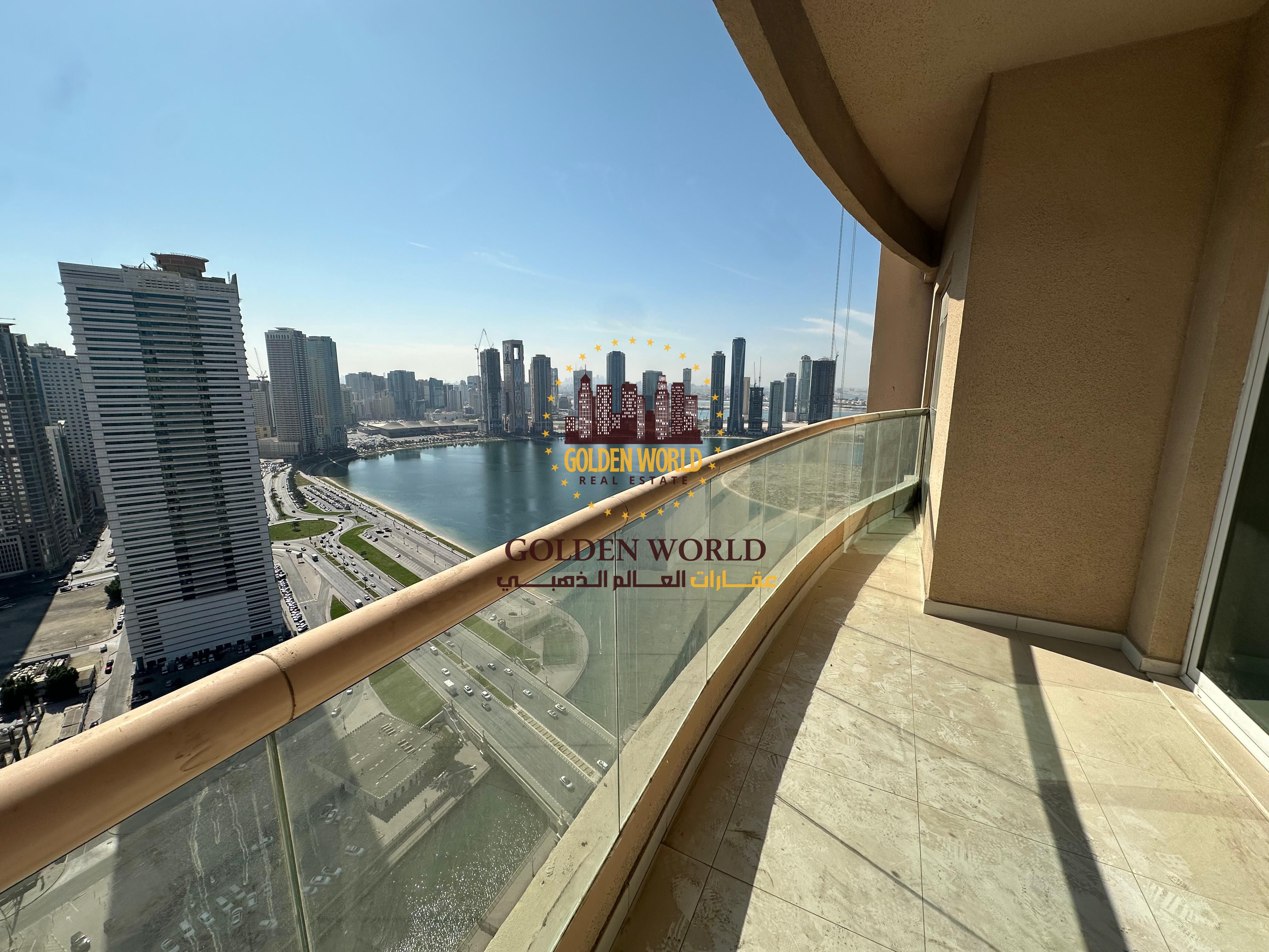 2 master bedrooms and living room with balcony, free AC in Al Khan, Qasba view, gym, pool, 3 bathrooms, storage, wardrobes, parking included.