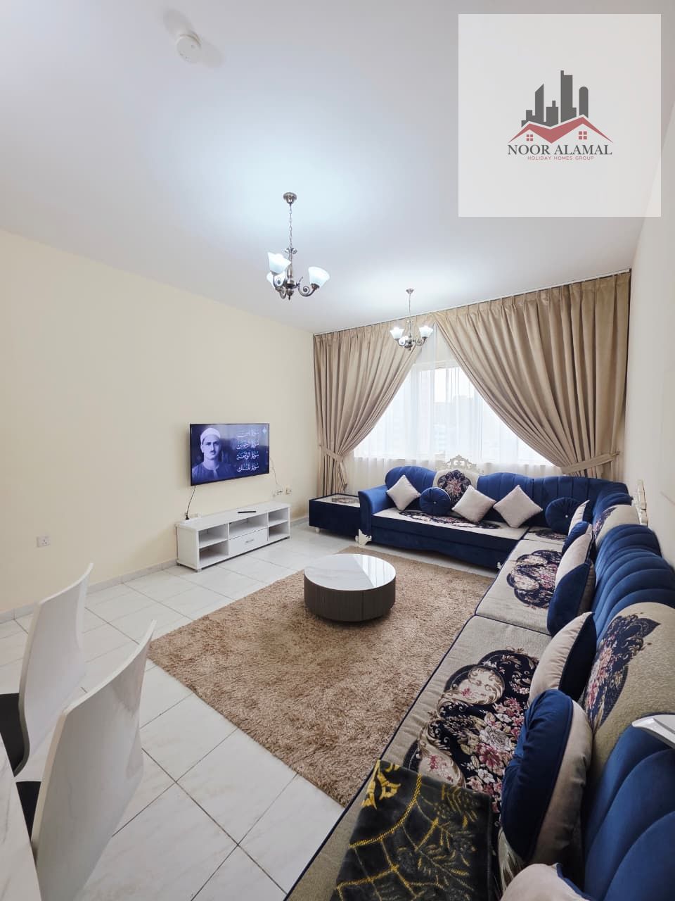 Sharjah, Al Taawun, near Oriana Hospital, fully furnished super deluxe apartment, second tenant, one bedroom, living room, kitchen, and two bathrooms.