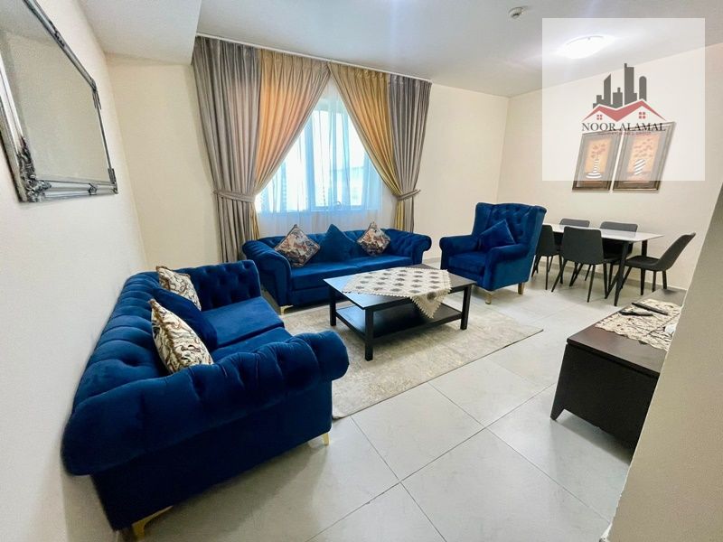Sharjah, Al Taawun, second apartment, two bedrooms, living room, kitchen, and two bathrooms, next to Oriana Hotel. Super deluxe furnishings, 7200 AED,