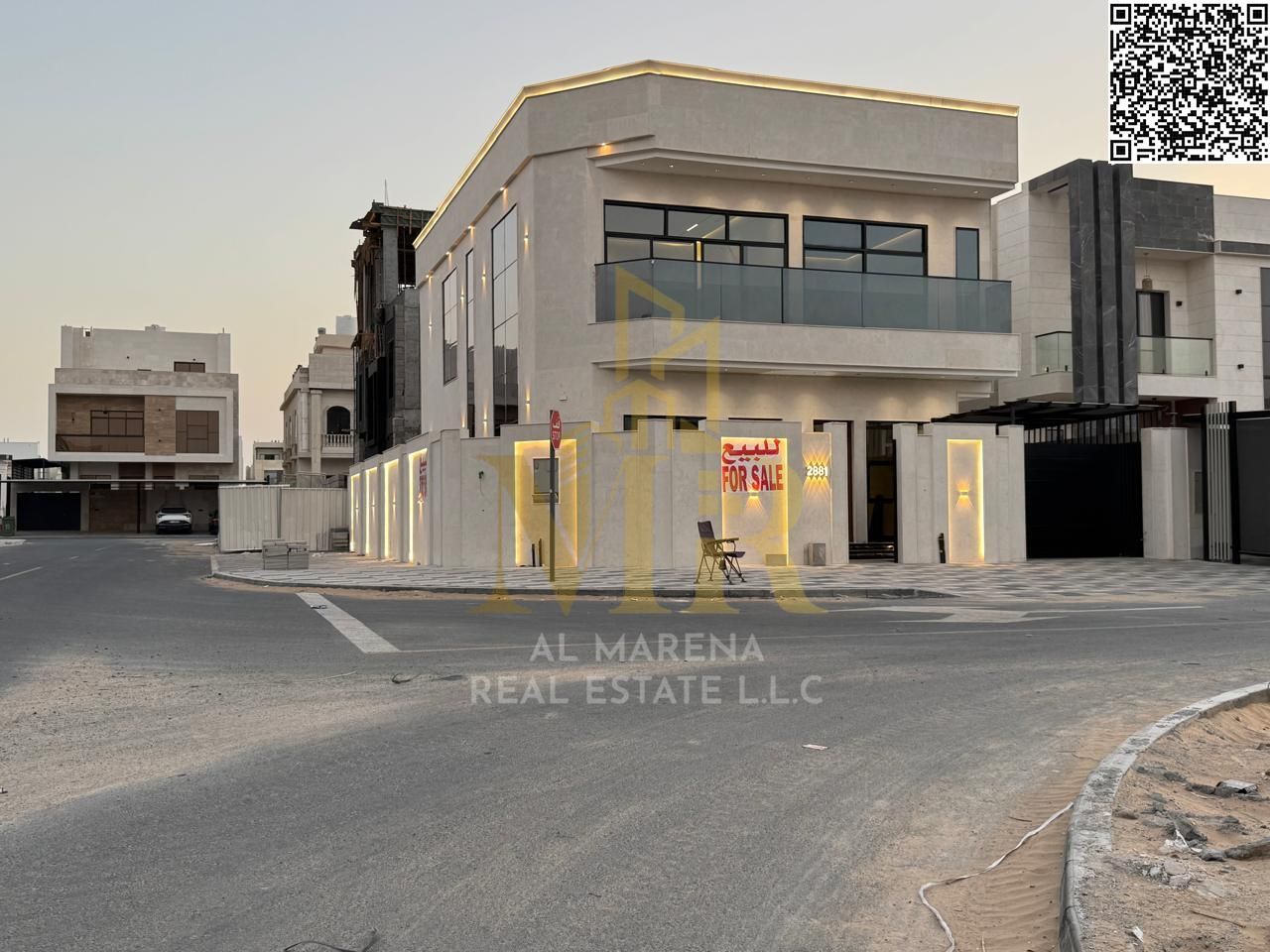 Luxury super deluxe villa for sale in Al Bahia area, Ajman. Two floors and a roof, 7 bedrooms, two living rooms and a majlis. Special price, freehold