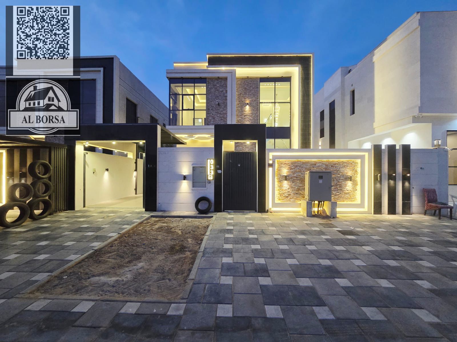 Luxury villa in Al Yasmin, Ajman | Two floors | 3 master bedrooms | Majlis and living room with washbasins | Modern kitchen | Yard with swimming pool