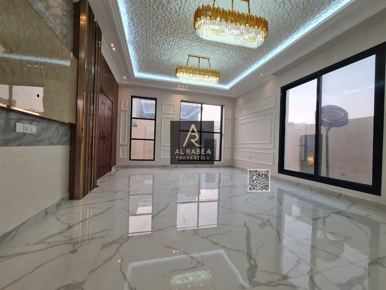 A villa with a ground floor, first floor, and roof, consisting of 6 bedrooms, a maid's room, a majlis (formal sitting room), a living room, and 8 bath
