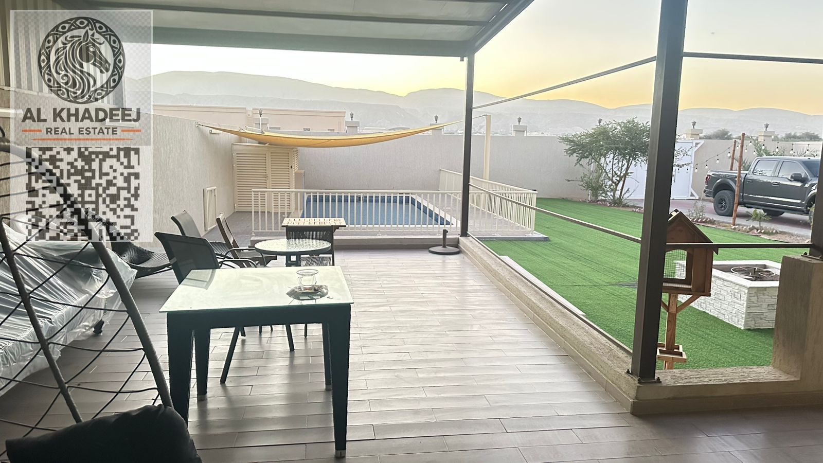 Rest house in Khat, 10,000 sq. ft with mountain view, 3 master rooms, majlis, pool, kids area, outdoor seating, fully furnished. Price AED 1,250,000.