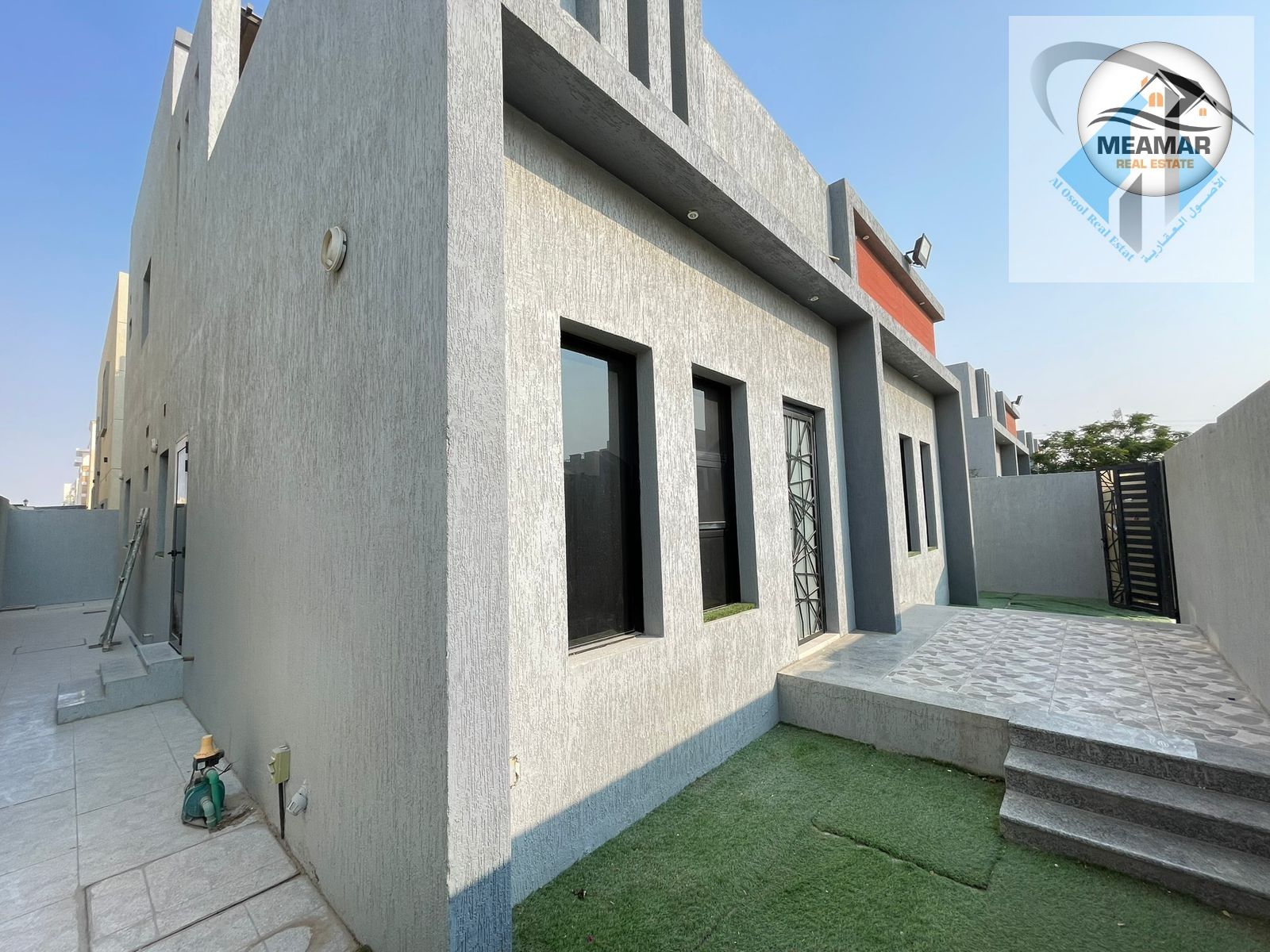 4-bedroom villa with master bedrooms, living room, majlis, and terrace. Area: 3014 sq ft. Located in Al Yasmin on the main road.