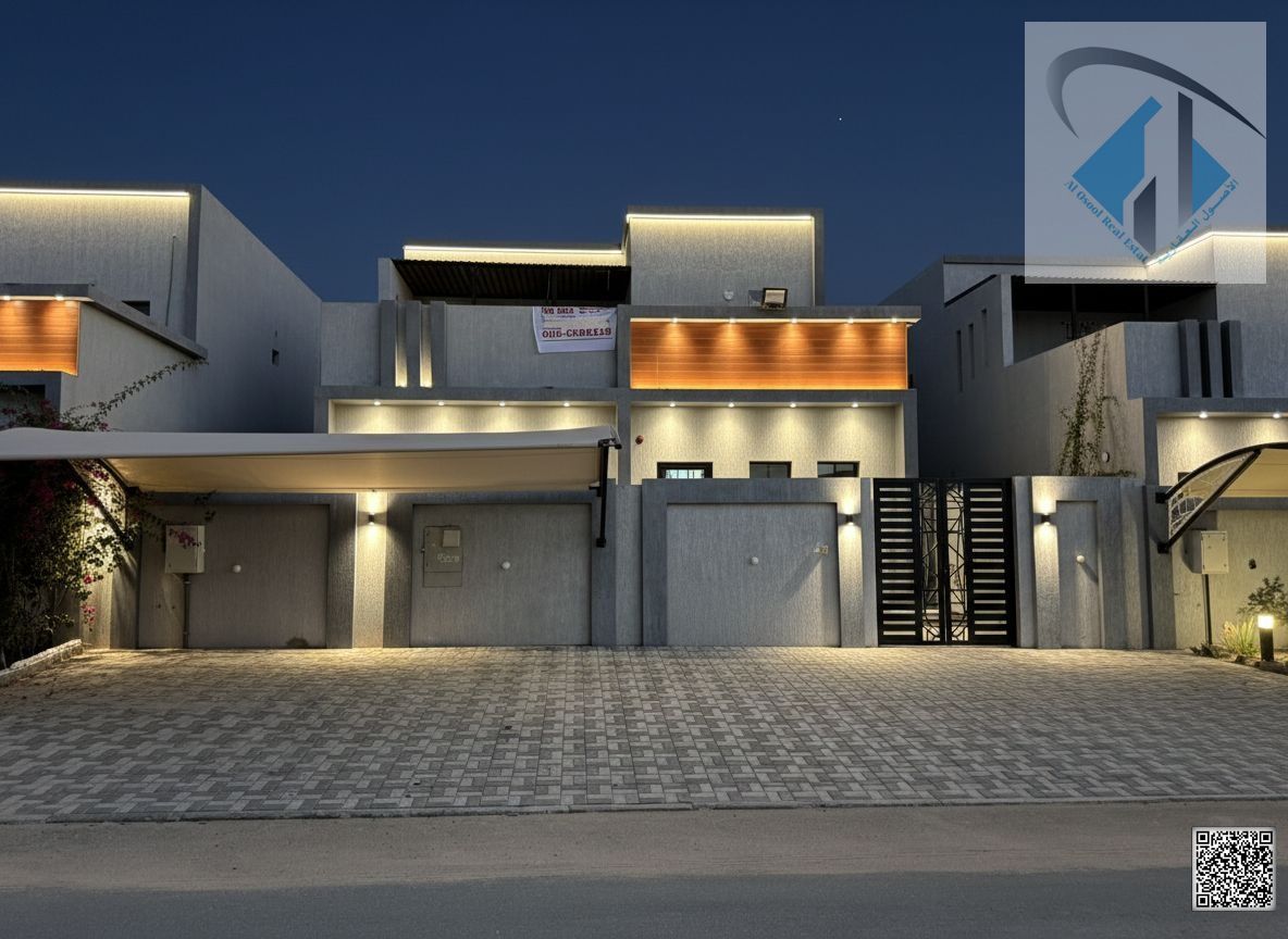 4-bedroom villa with master bedrooms, living room, majlis, and terrace. Area: 3014 sq ft. Located in Al Yasmin on the main road.
