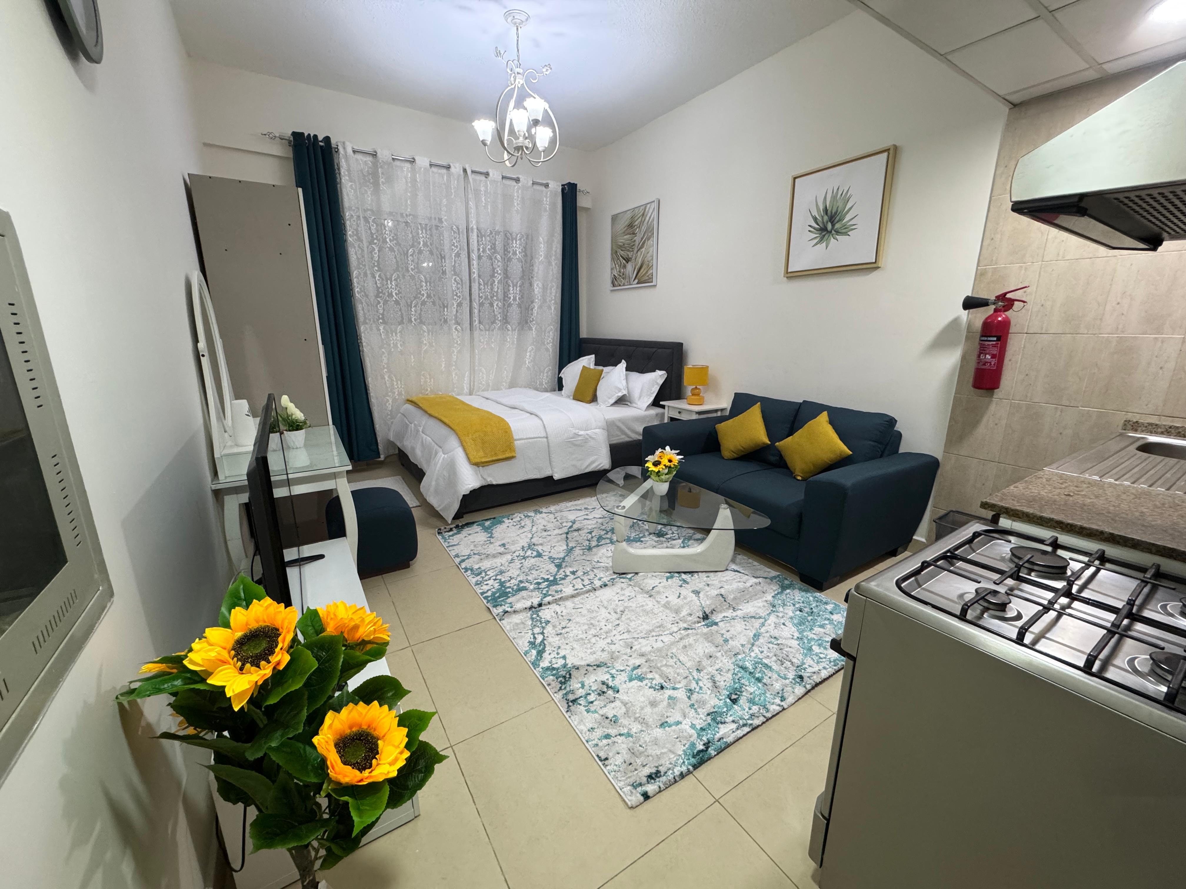 "Studio for rent in Al Yasmeen Towers, newly furnished, spacious, includes all bills: internet, electricity, water, and parking. "