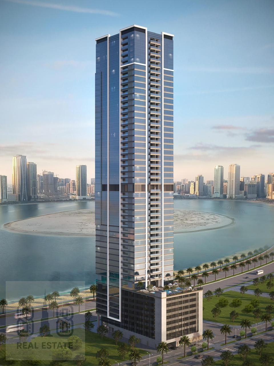 With a direct sea view on Sharjah Corniche, priced at 750 dirhams per foot.