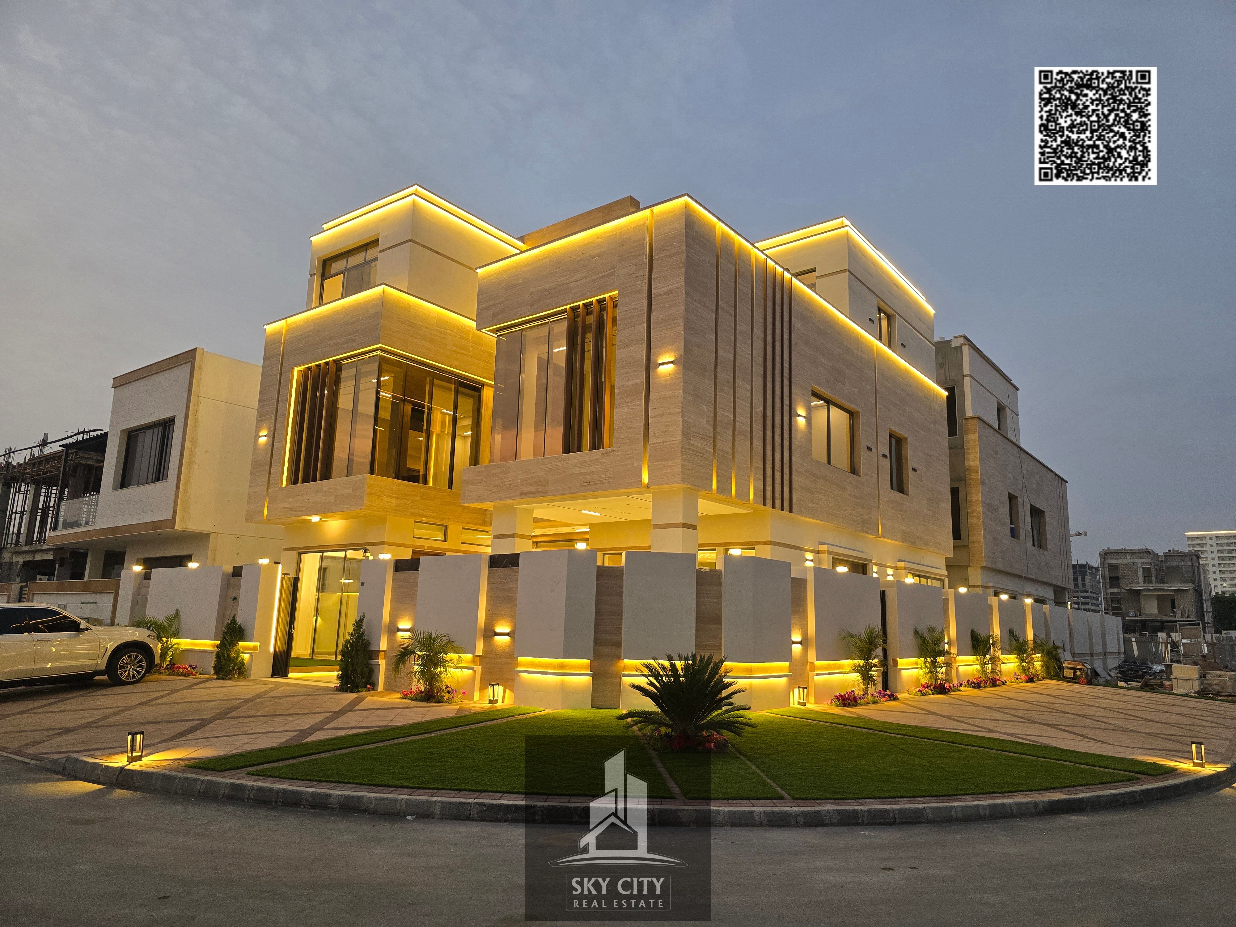 Corner villa on the corner of two streets, behind Al-Hamidiyah Park. Ground floor, first floor, and roof with private pool and elevator.