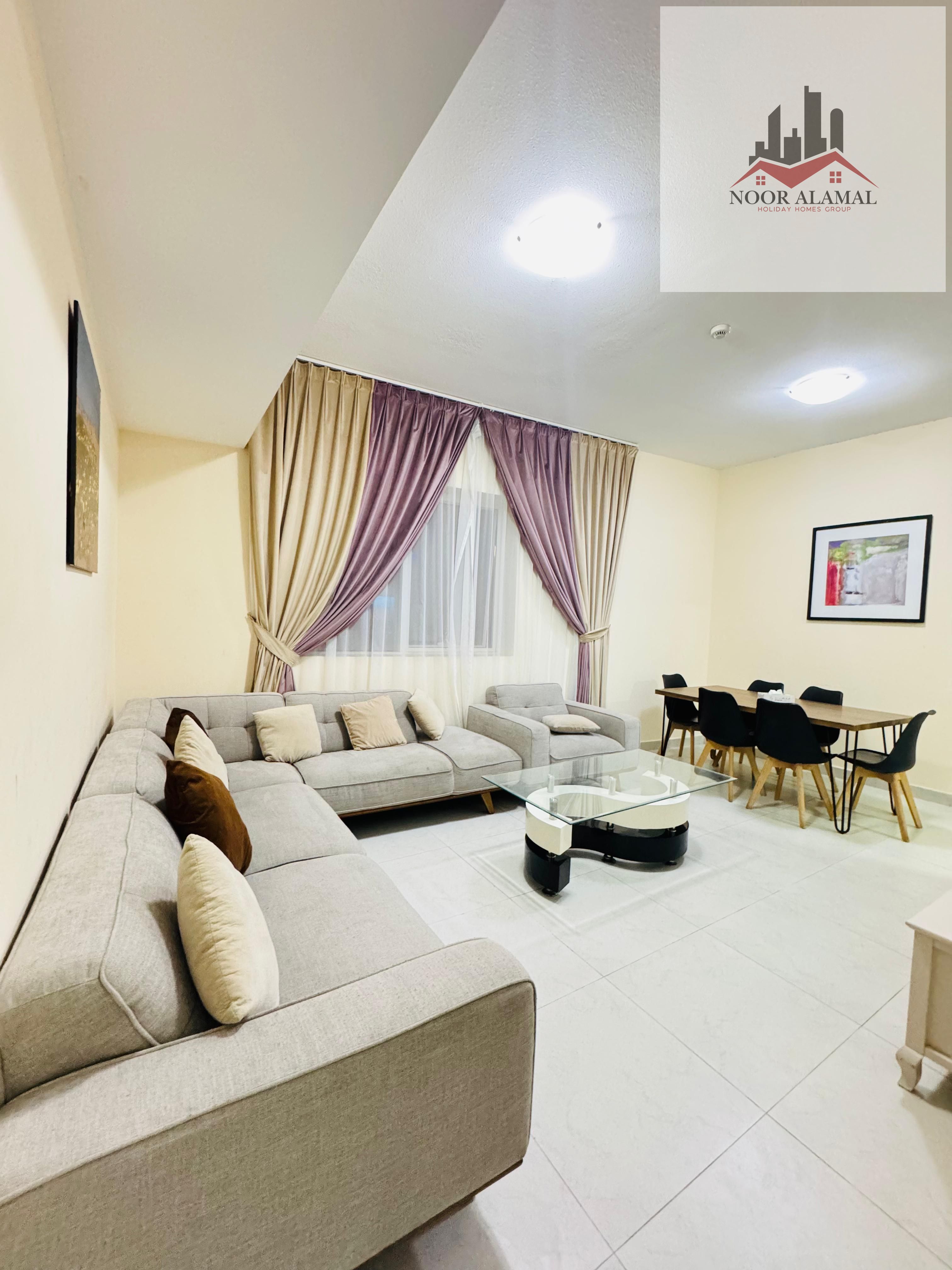 Sharjah, Al Taawun area: Two bedrooms, living room, kitchen, and two bathrooms, next to Oriana Hotel. Super deluxe furnishings. 7200 AED including int