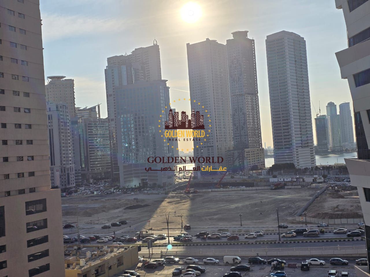 Apartment for rent with 3 bedrooms and a living room, balcony, sea and Al Qasba Canal view, master bedroom, built-in wardrobes, spacious area. Rent 55