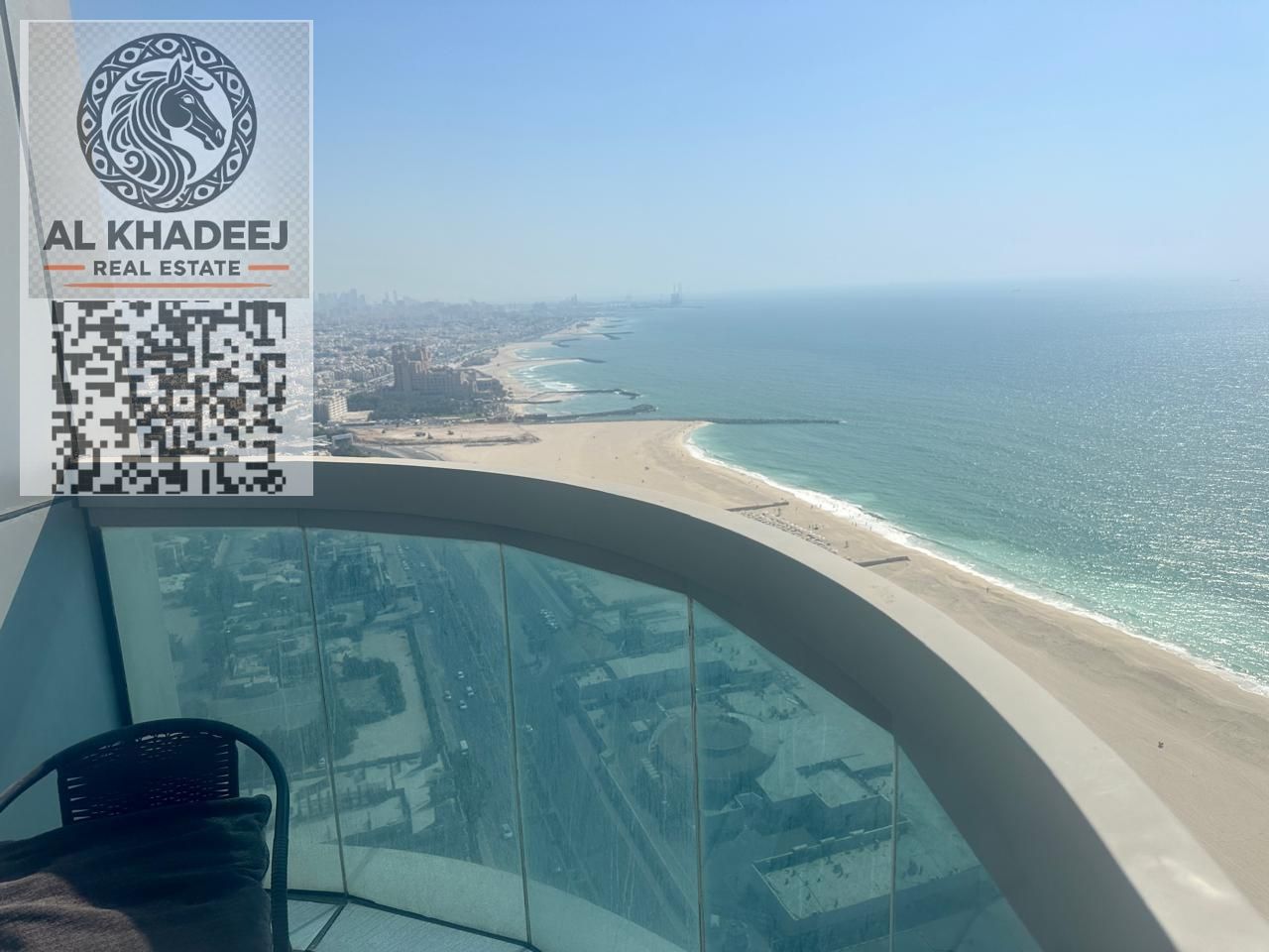 Luxury hotel-style apartment with a direct sea view in Ajman Corniche Tower. 2 bedrooms, hall, 3 bathrooms, equipped kitchen, fully furnished. Rent AE