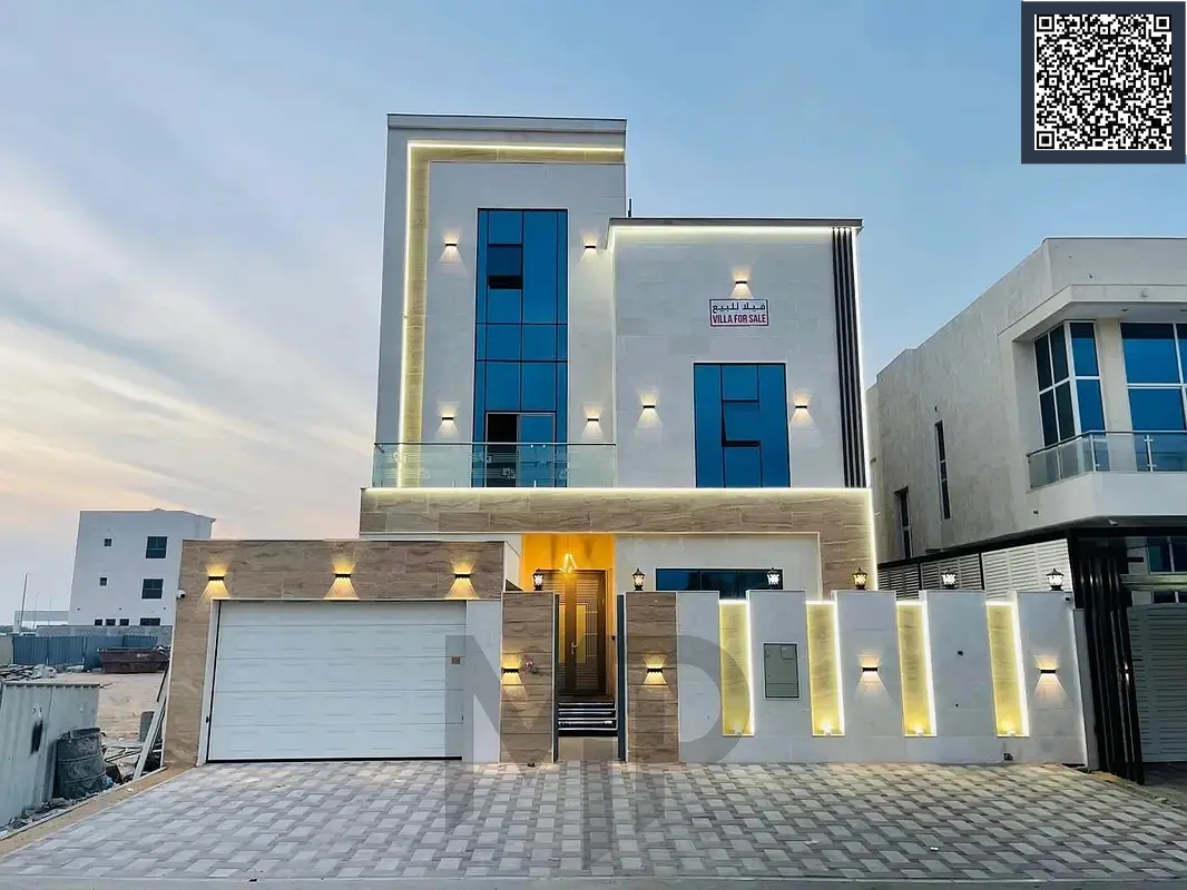 Luxury villa for sale in Al Bahia area, featuring two floors and a rooftop terrace. Modern design, spacious living areas, reception halls, and compreh