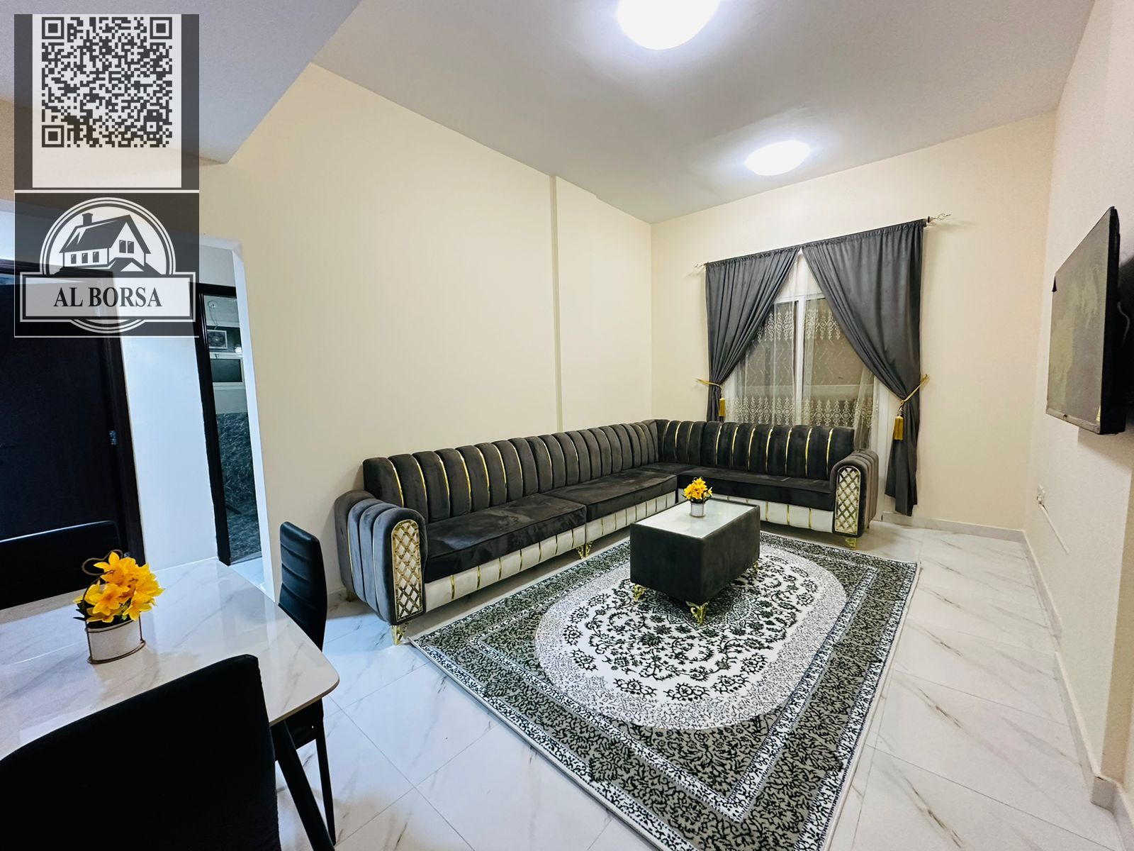 Furnished apartment for rent in Ajman Corniche Price: AED 6,000 per month, including bills, internet, and maintenance Bathroom and balcony, centra