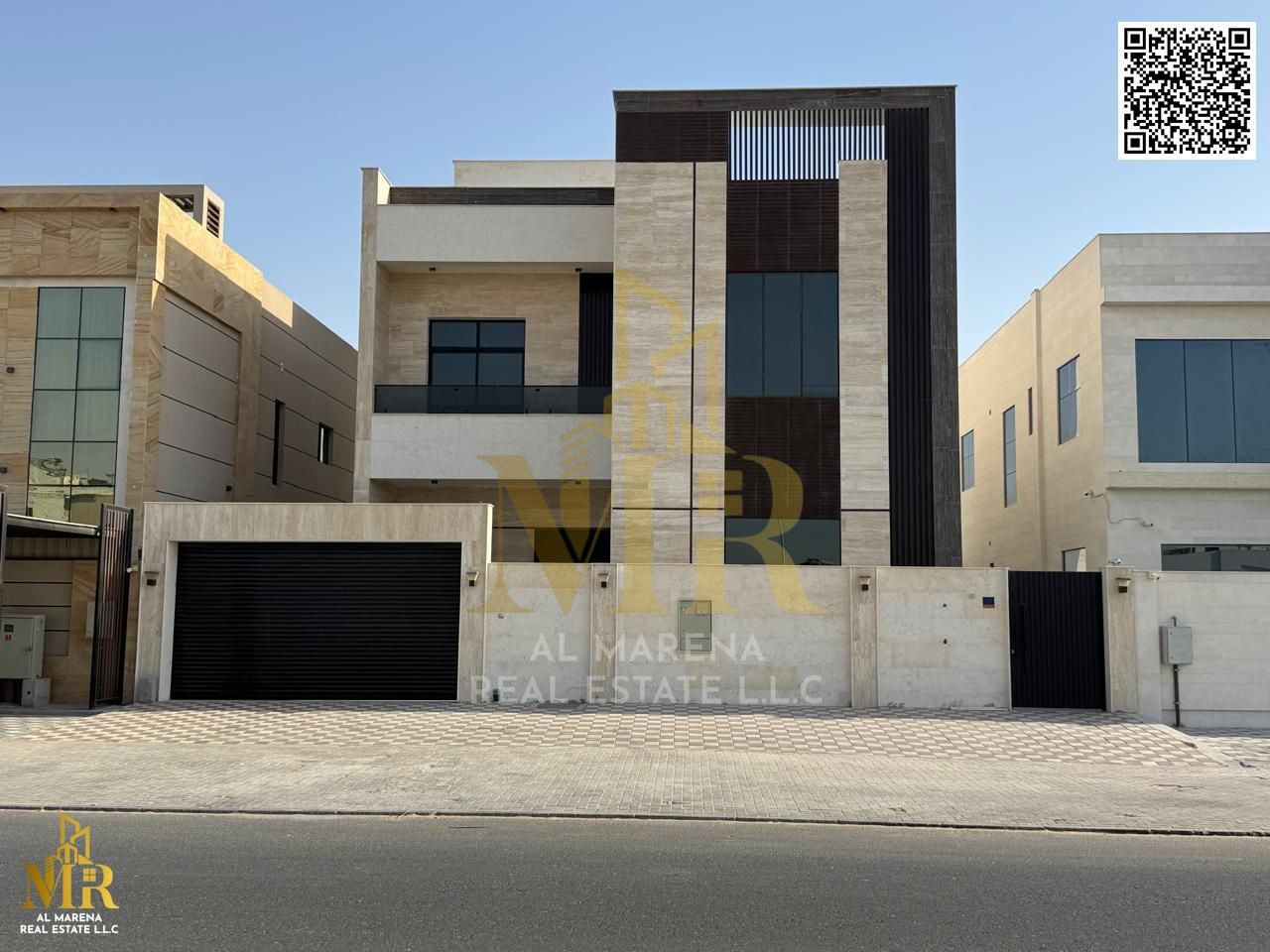 Villa near Uptown Ajman, two floors and roof with modern spacious design, five master bedrooms with elevator, high-quality finishes, prime location, p