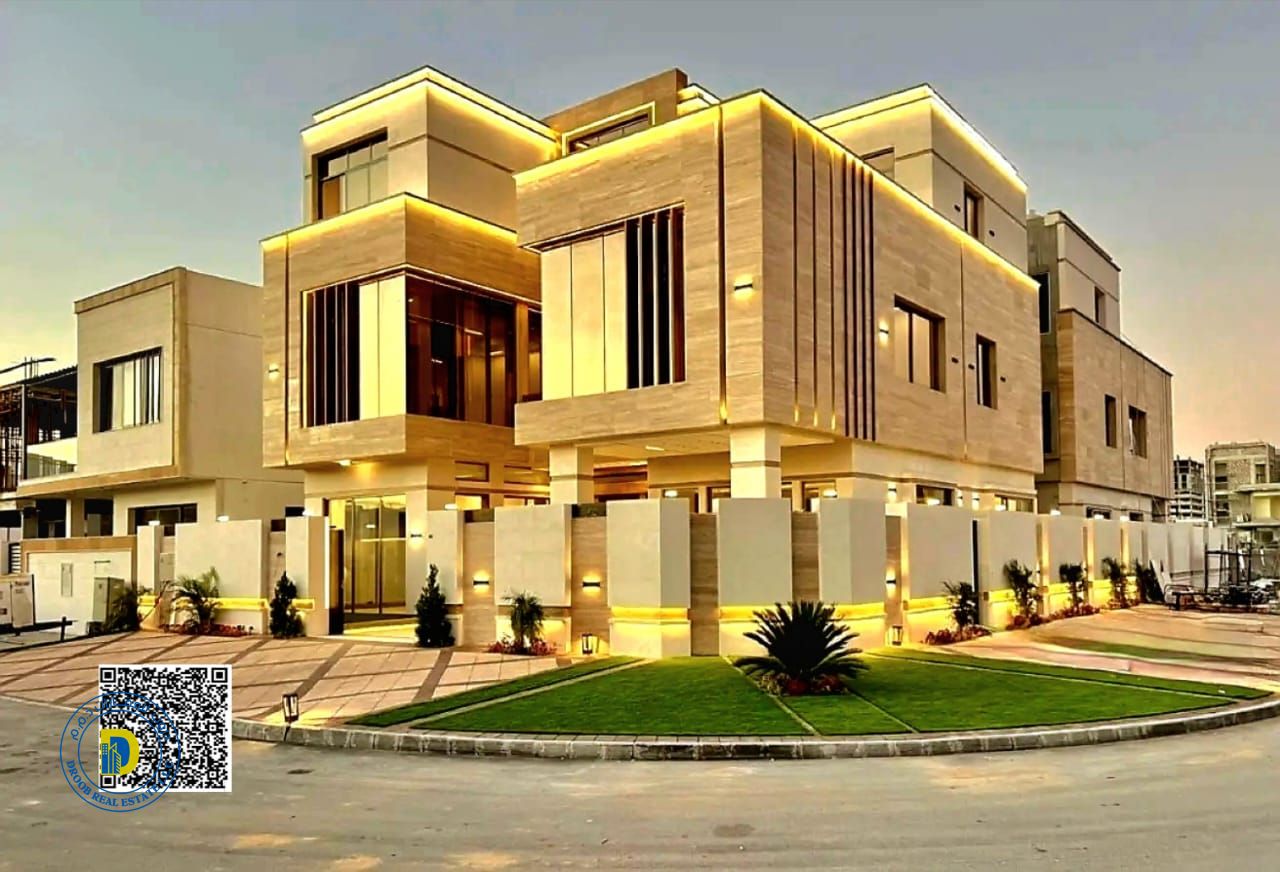 Enjoy luxury in this 6-bedroom corner villa in Al Yasmin, pool, elevator, and rooftop terrace. Registration fees . Bank financing. Freehold