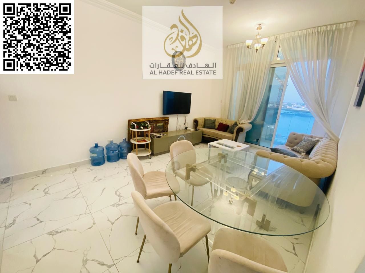 Two bedrooms and a living room with gym, swimming pool, and parking. Two bathrooms. Master bedroom with two balconies. High-end furnishings in Al Waha