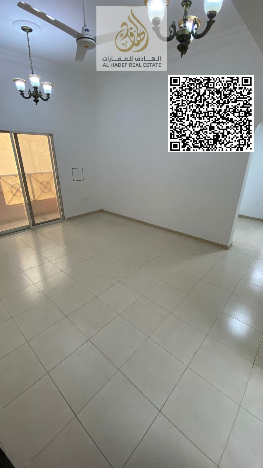 Two bedrooms, a living room with a balcony, and two bathrooms, next to Emirates Day to Day Markets.