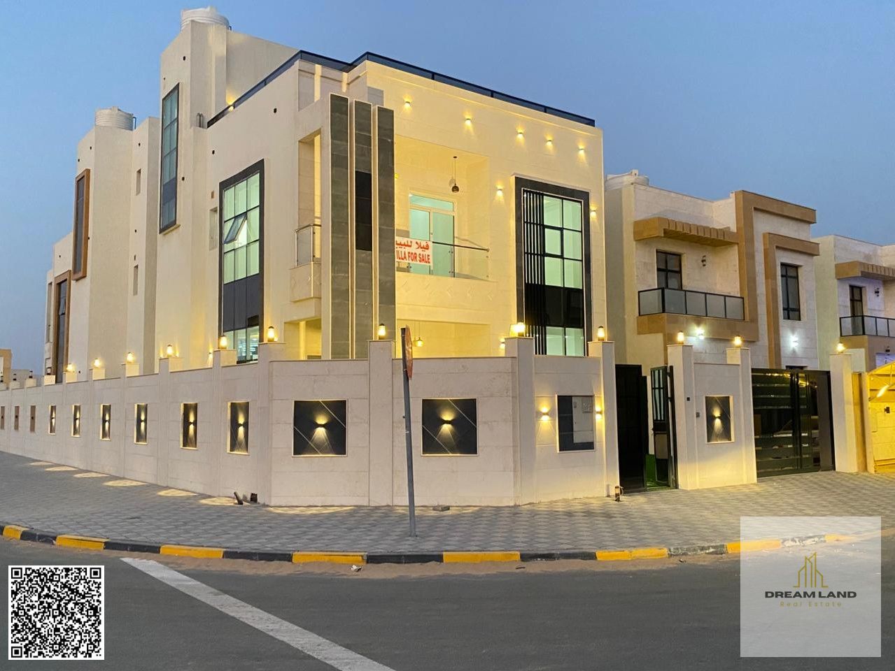 Villa for sale on a corner lot with two street frontages, ground floor, first floor, and roof. Full stone facade, super deluxe finishing. Freehold own