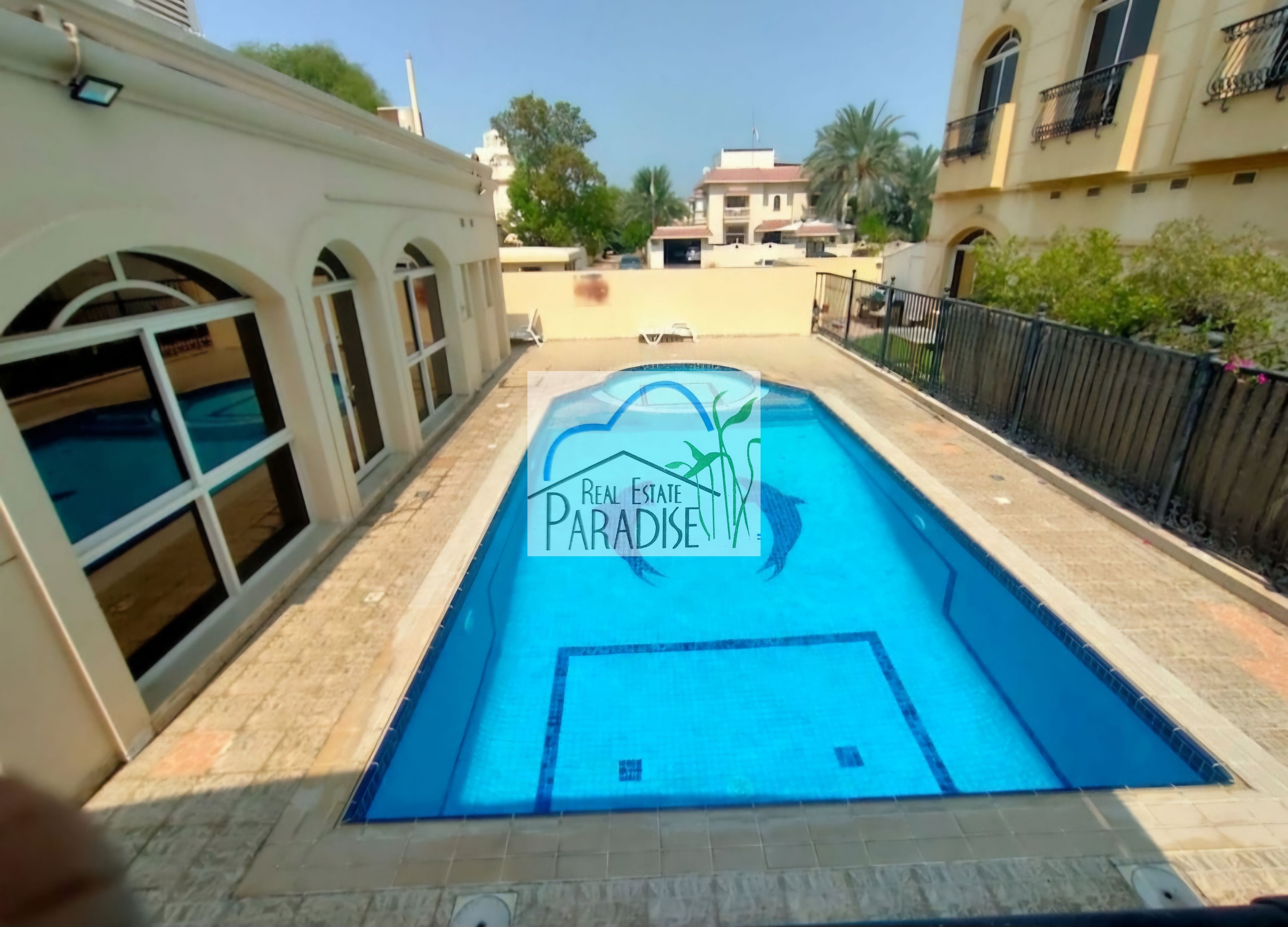 Available 3 Bedrooms Villa separate living and dinning/private back lawn/ maids room with shared swimming pool / covered parking for 2 /Rent in Mirdif