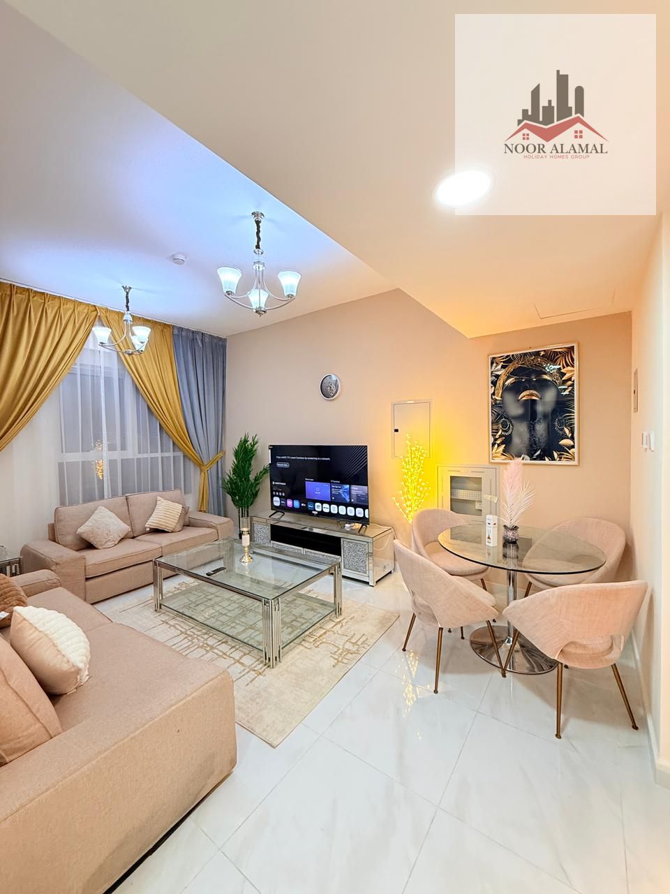 Sharjah, Al Taawun Building, first occupancy, furnished apartment with hotel-style furnishings, one bedroom, living room, kitchen, two bathrooms,