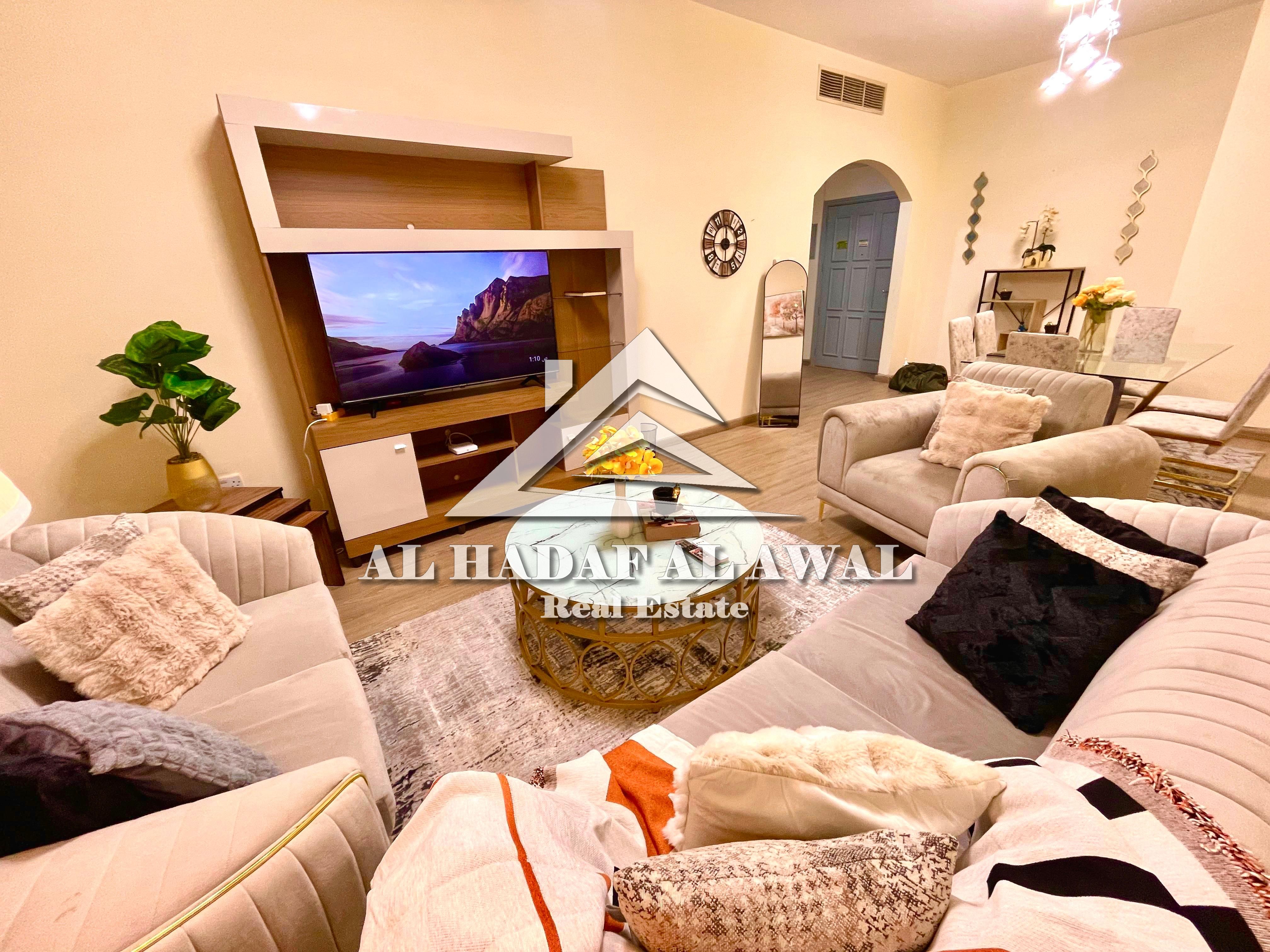 A two-bedroom apartment with a living room is now available for rent. Monthly rent is AED 7,000, inclusive of all bills. A security deposit 1000