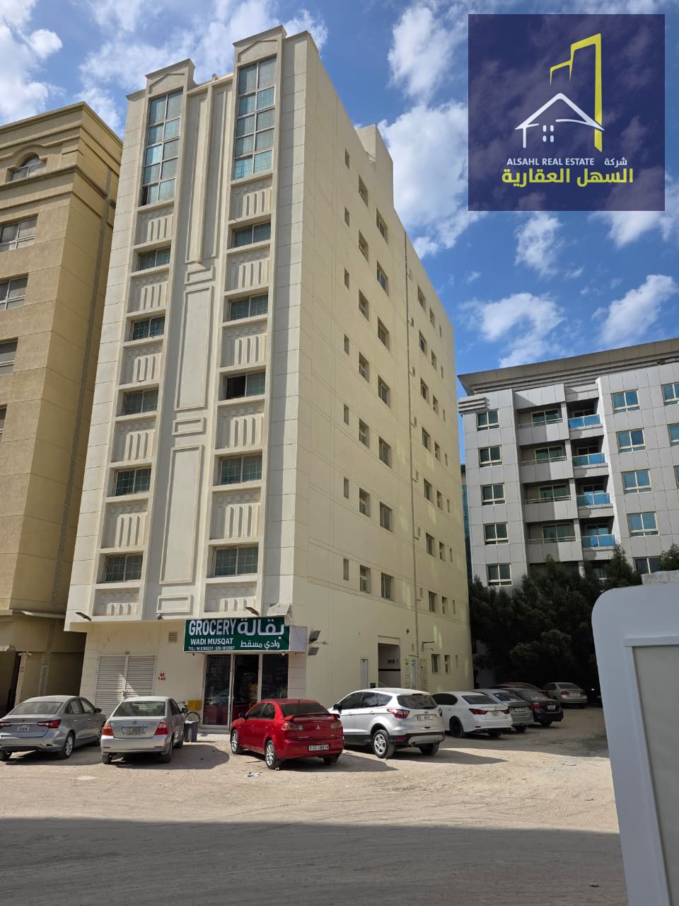For sale, a residential building in Al Khan area, Sharjah. The building consists of ground floor plus 7 floors, built on a plot area of 4,000 sq ft.