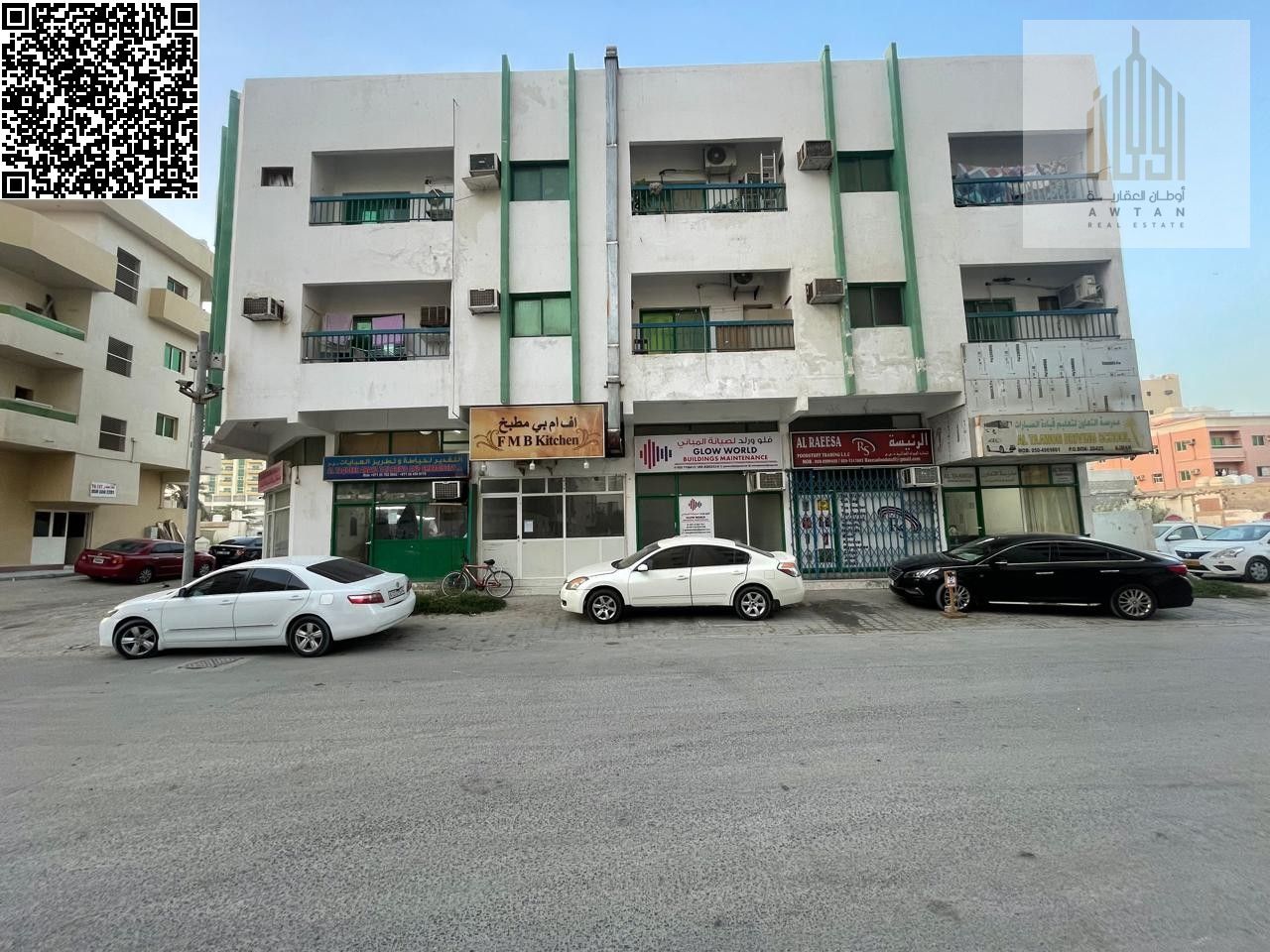 For sale, a residential-commercial building in Ajman Emirate, Liwara 1 area. The building is situated on a land area of 3,232 square feet and a built-
